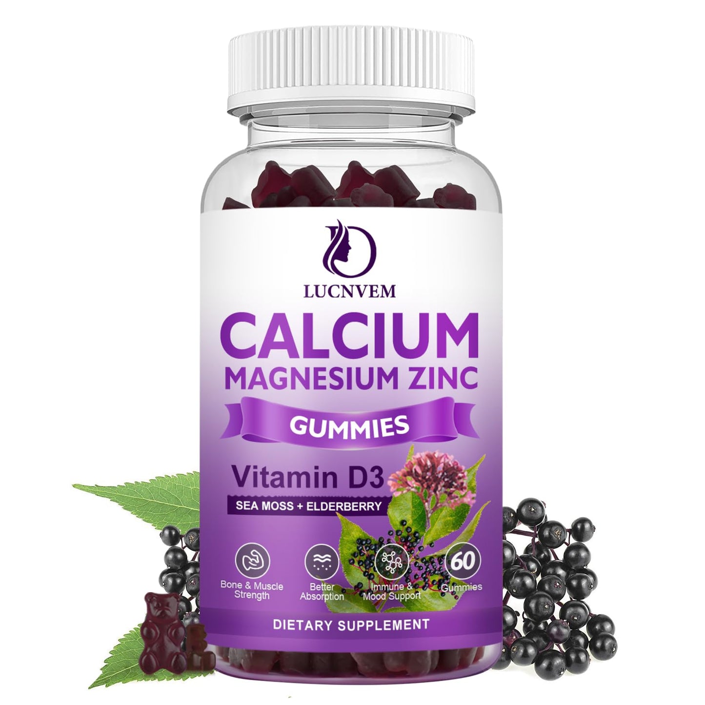LUCNVEM Sugar Free Calcium Magnesium Zinc Gummies with Elderberry and Sea Moss, 2:1 Calcium:Magnesium, Magnesium Glycinate, Potassium & Vitamin D3, 60 Gummies