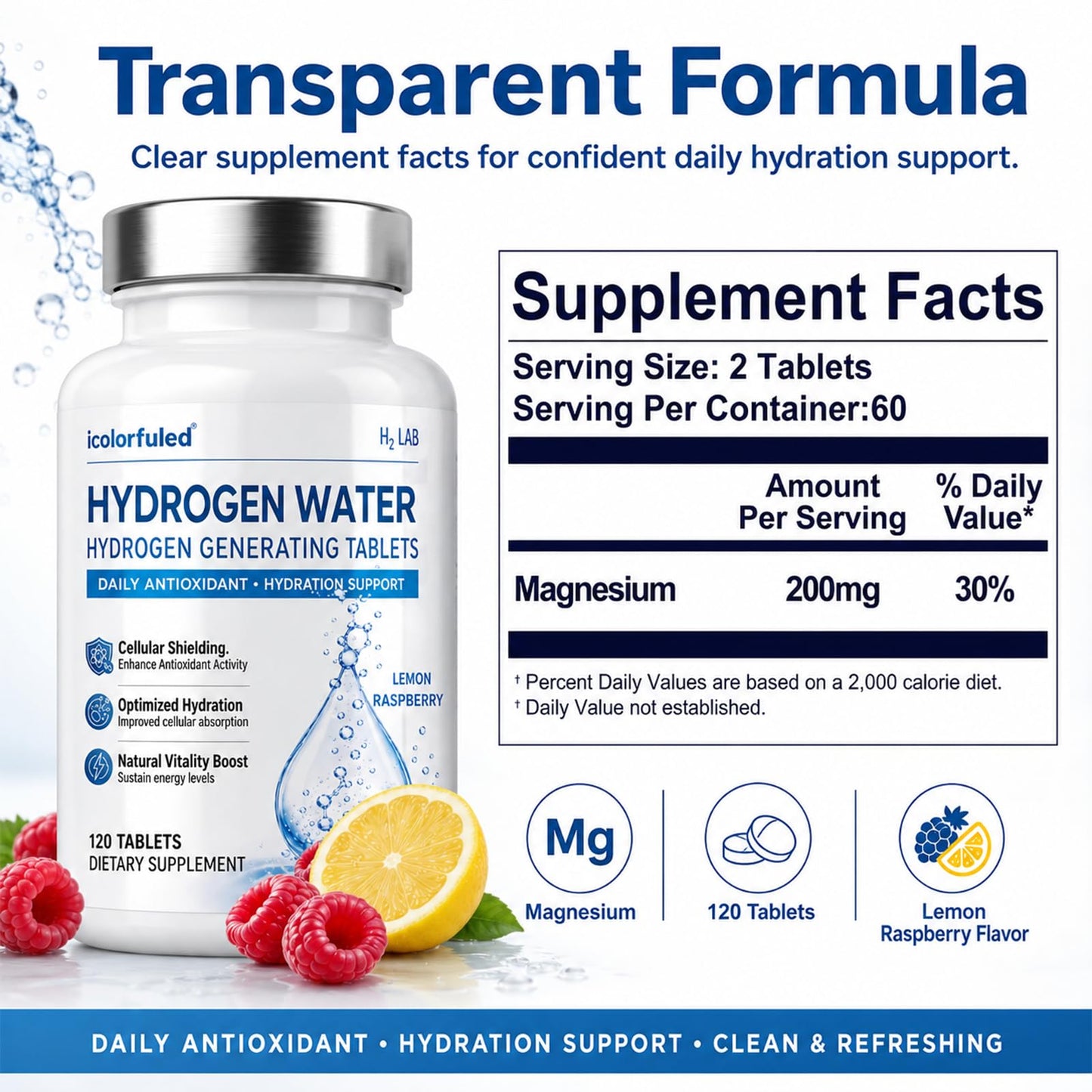 icolorfuled Hydrogen Water Tablets - for Energy & Vitality, Supports Brain & Cognitive Health, 120 Tablets