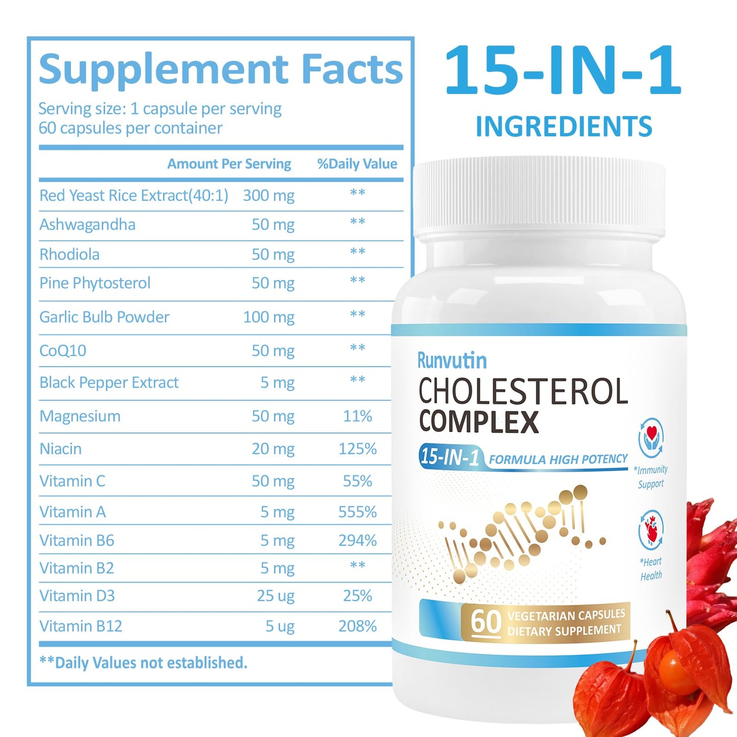 Runvutin Cholesterol-Lowering Supplements with Ashwagandha and Red Yeast Rice, Capsule, 120 Count