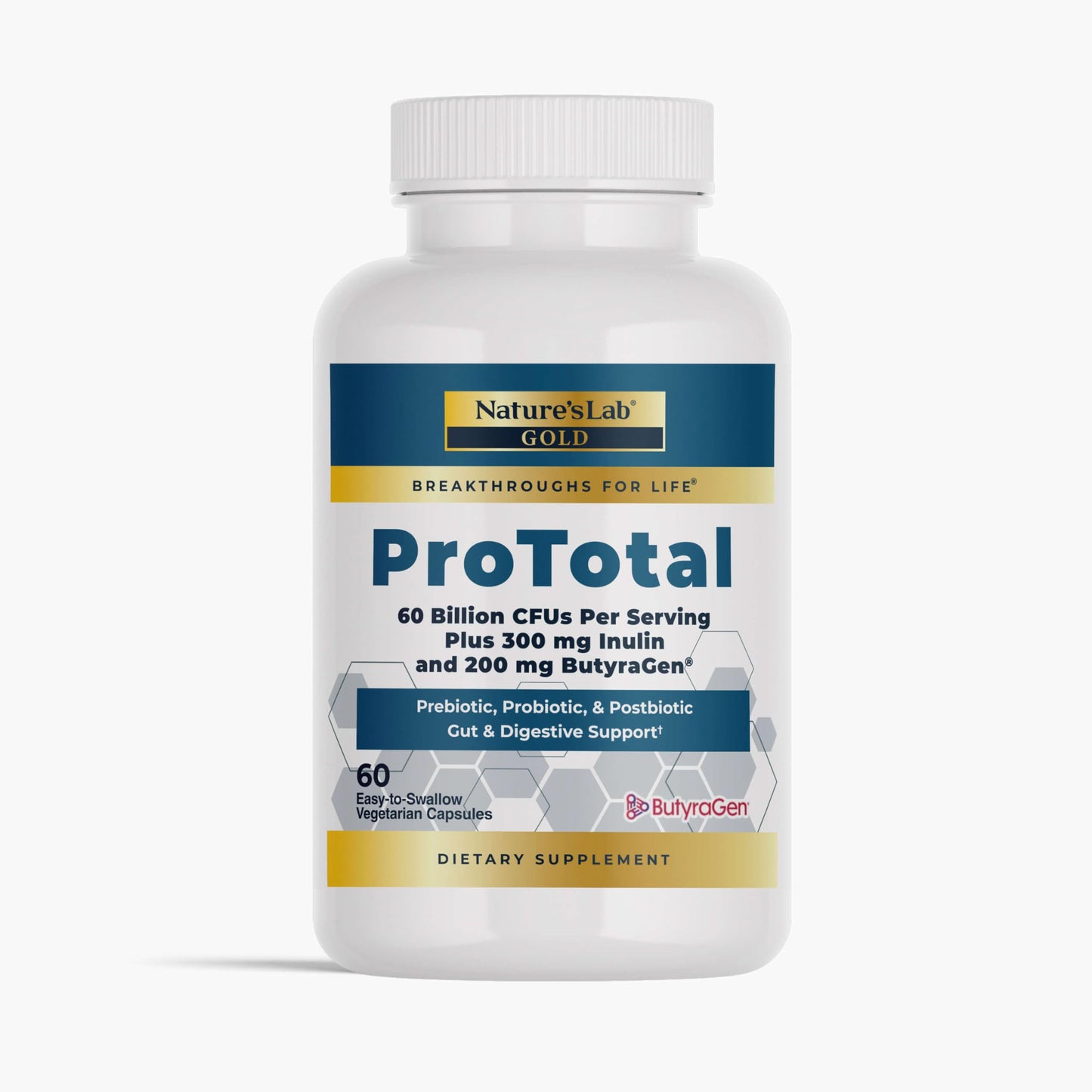 Nature's Lab Gold ProTotal 60 Billion CFU Probiotic, Prebiotic, Postbiotic, Synbiotic with Butyragen (Direct Butyrate Generator) 60 Capsules
