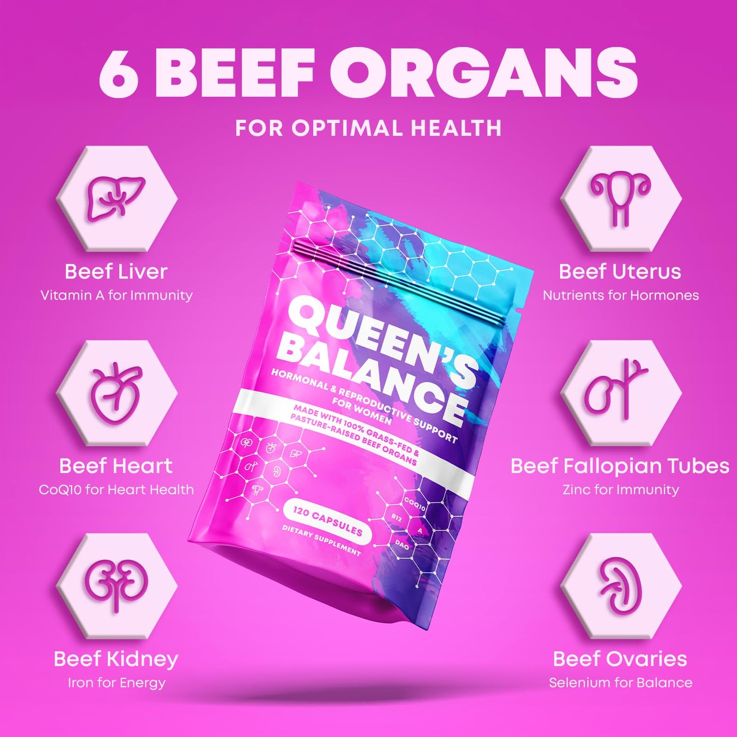 Queen’s Balance Beef Organ Supplement for Women, Capsules, 120 Count