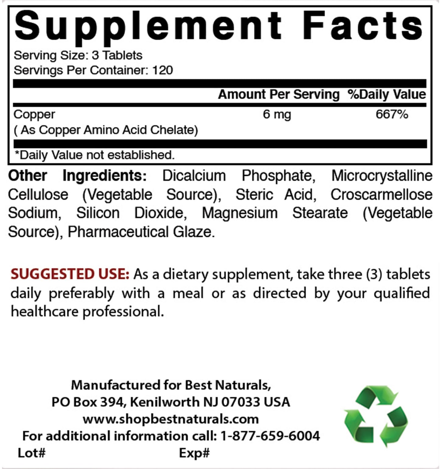 Best Naturals Copper Chelate 6 mg per Serving, 360 Tablets
