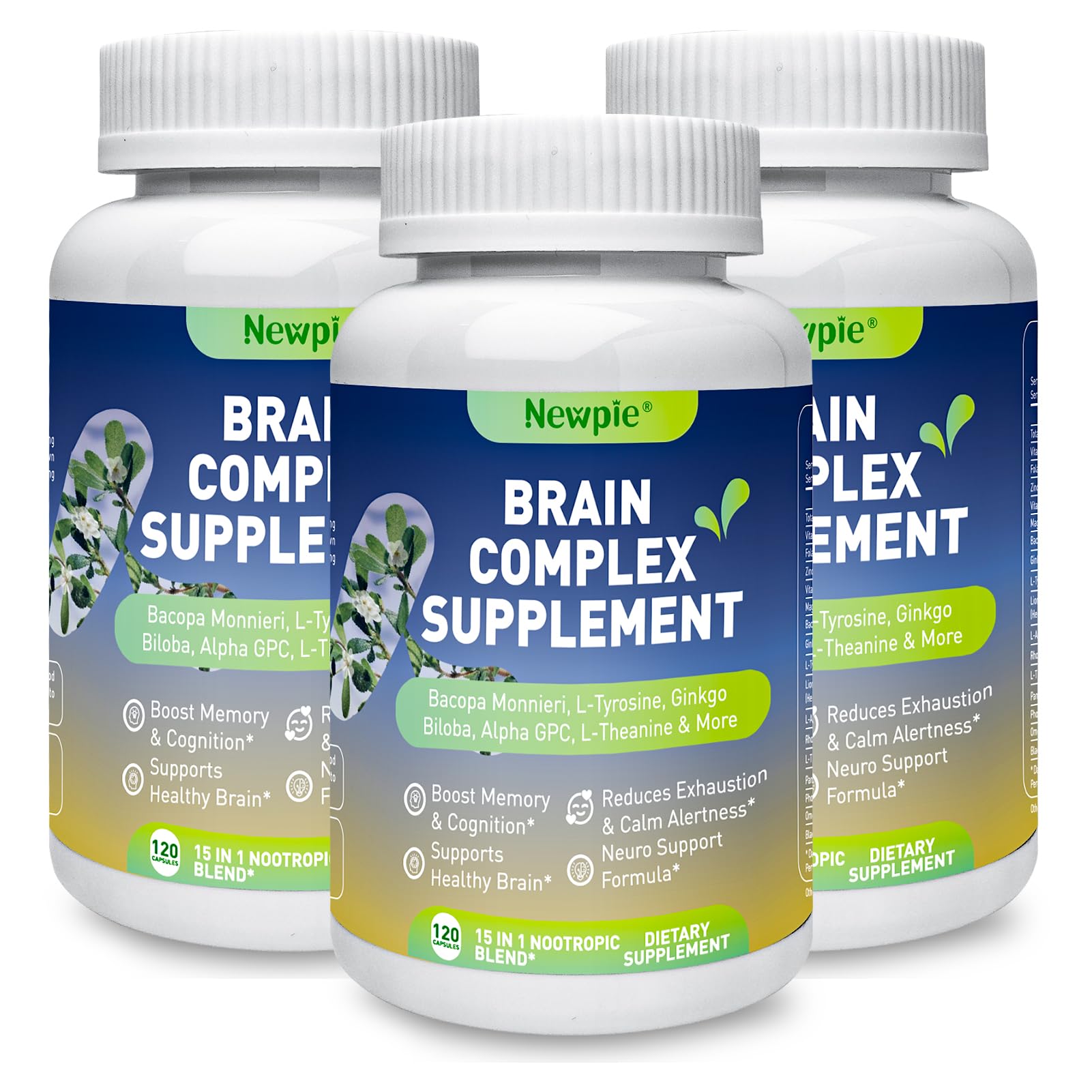 Newpie 15 in 1 Brain Nootropic Capsules for Memory & Focus with Bacopa Monnieri, Alpha GPC, Ginkgo Biloba, Lion's Mane, 120 Count