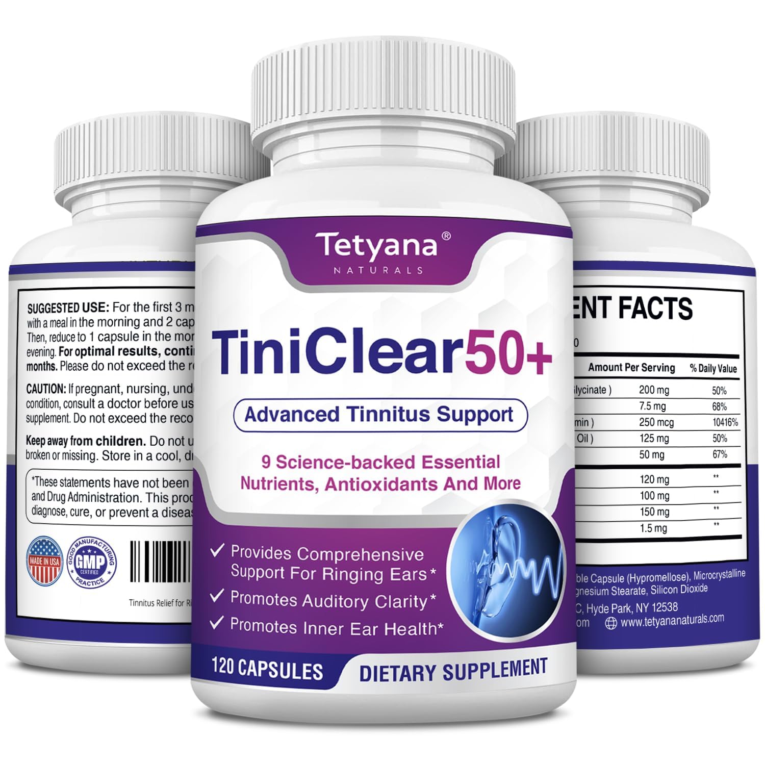 Tetyana Naturals Tinnitus Relief for Ringing Ears Supplement: Natural Hearing Health Formula, 120 Capsules