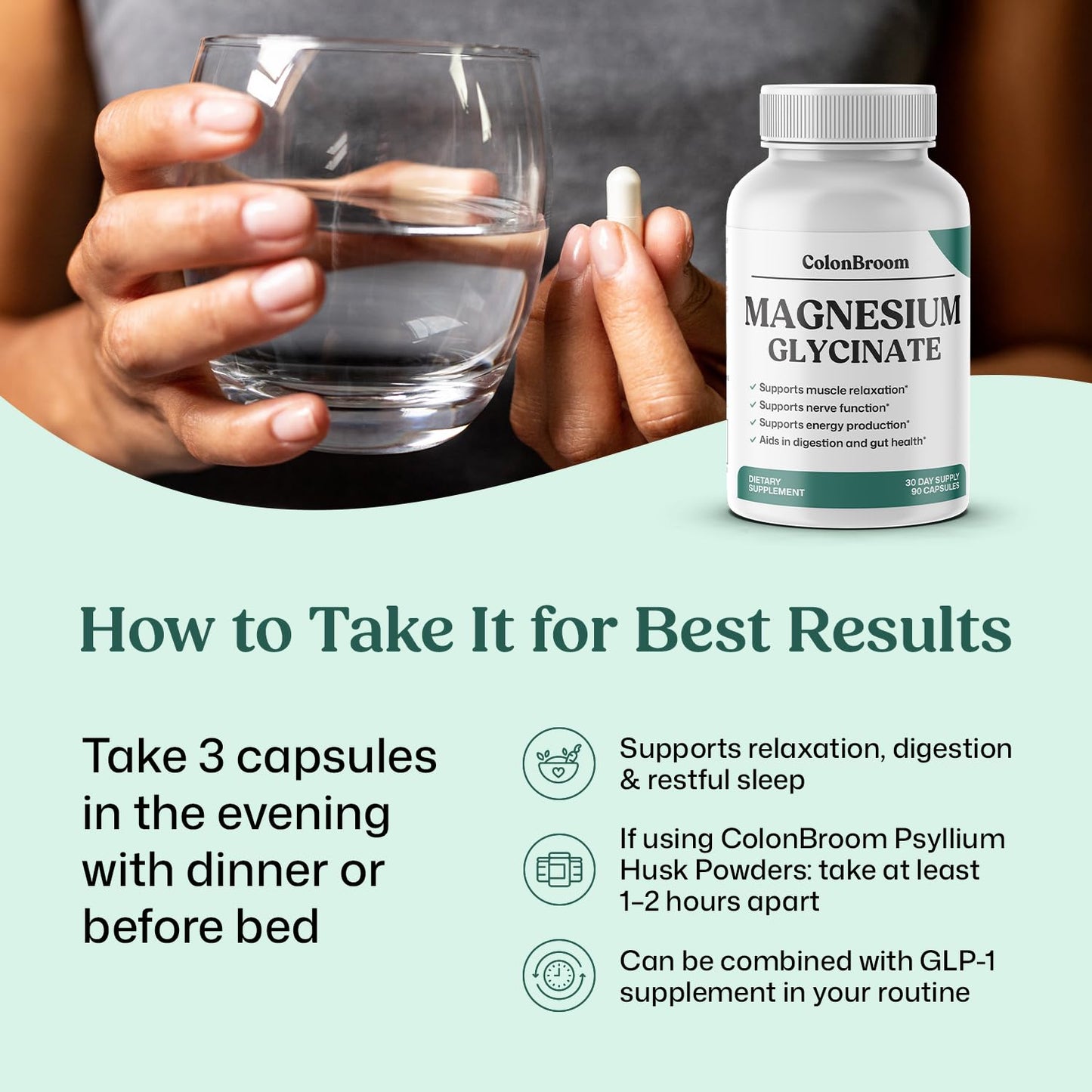 ColonBroom Magnesium Glycinate Capsules, 180 Capsules