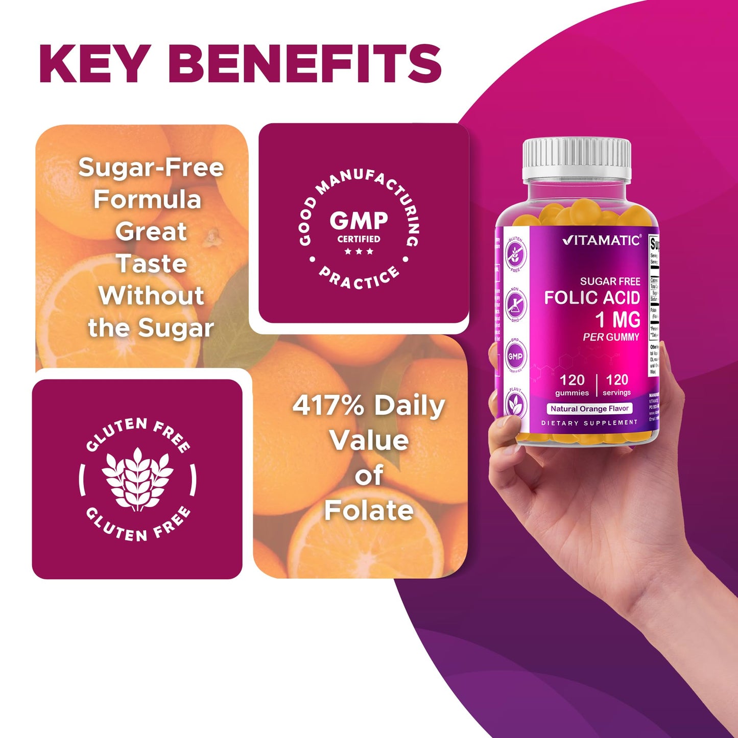 Vitamatic Sugar Free Folic Acid 1 mg Gummies 120 Count