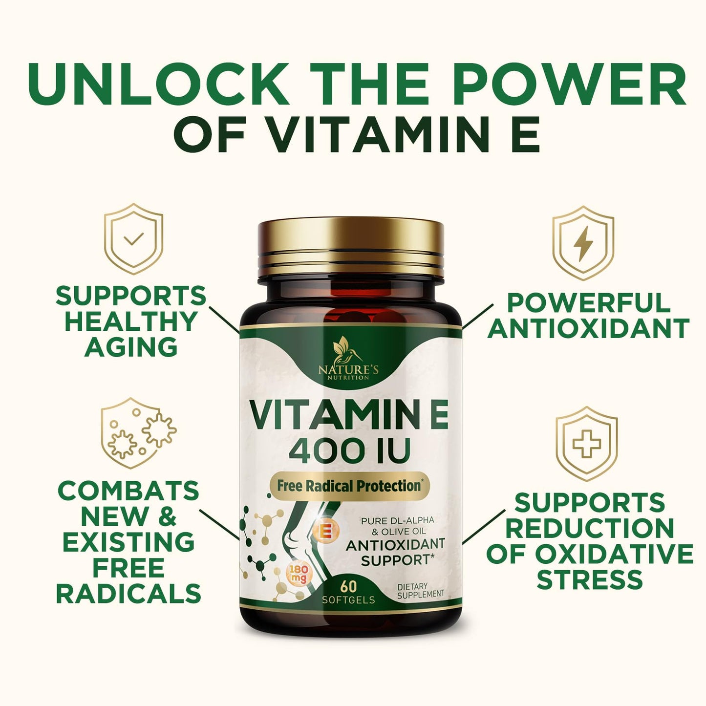 Nature's Nutrition Vitamin E 180mg DL-Alpha Softgels, 60 Count