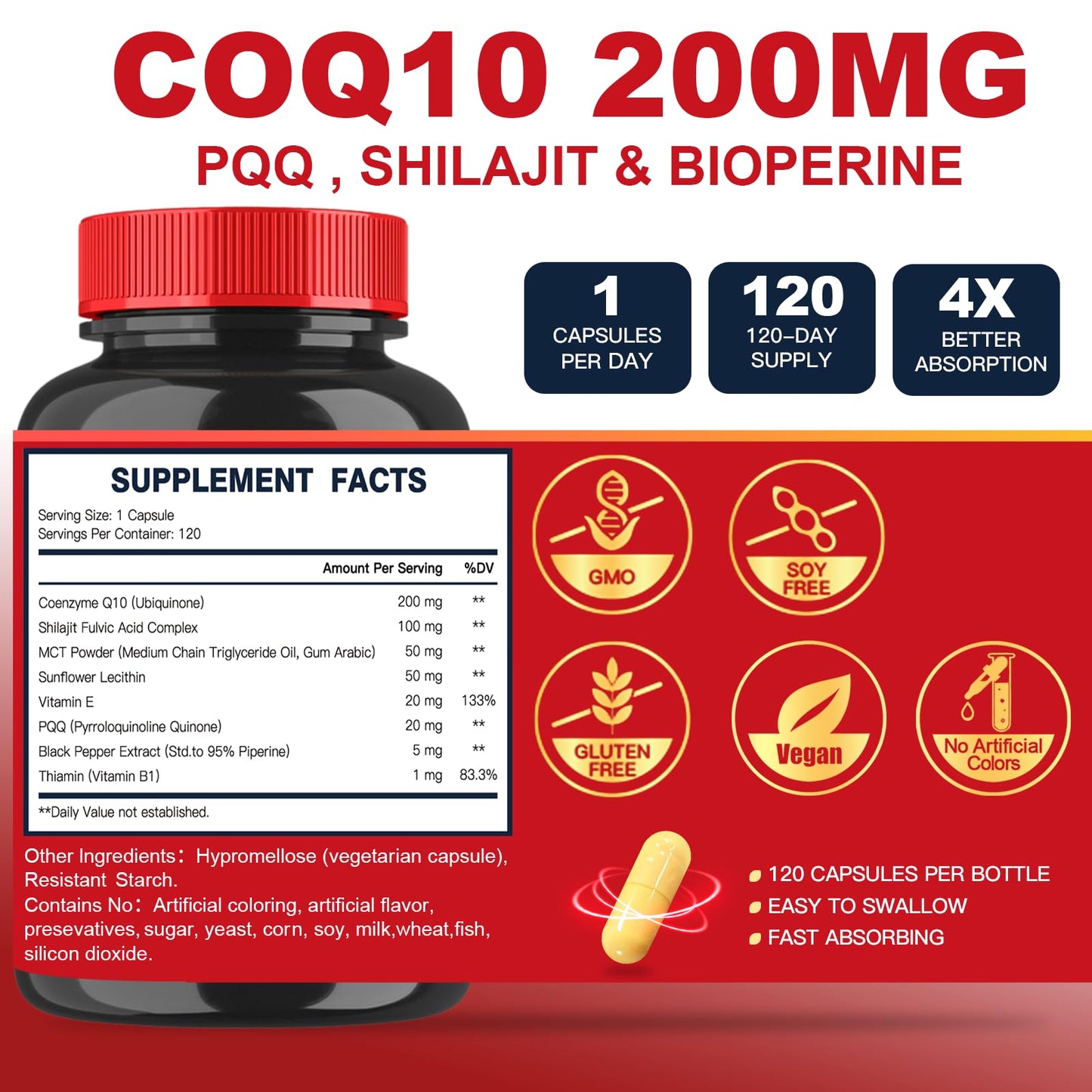 Quinovit CoQ10 200mg with PQQ & Shilajit - High Absorption with Bioperine Coenzyme Q10 Supplements - Powerful Antioxidant for Heart & Brain Health and Energy-Production, 120 Capsules