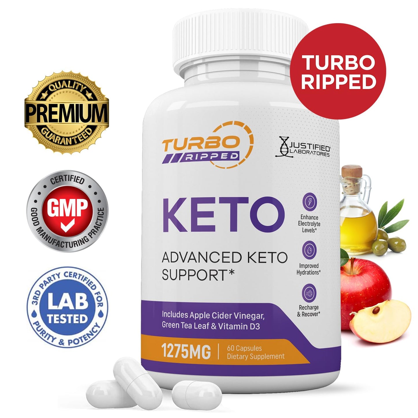 Justified Laboratories Turbo Ripped Keto ACV 1275MG Keto Support Blend Capsules, 60 Count