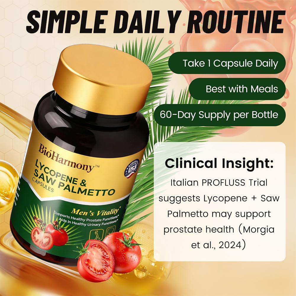BioHarmony Saw Palmetto for Men Prostate Health Supplement with 500mg Saw Palmetto Extract & 20mg Lycopene, Non-GMO, 60 Capsules