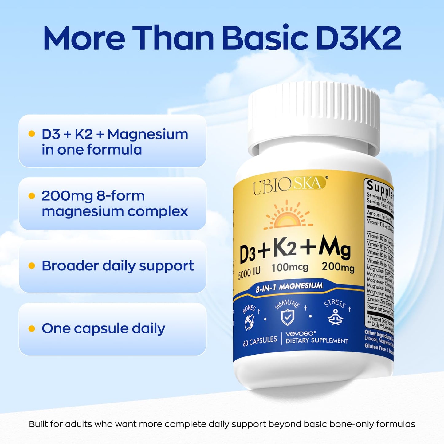 Vevoec Vitamin D3 K2 Magnesium Supplement Capsules 60 Capsules