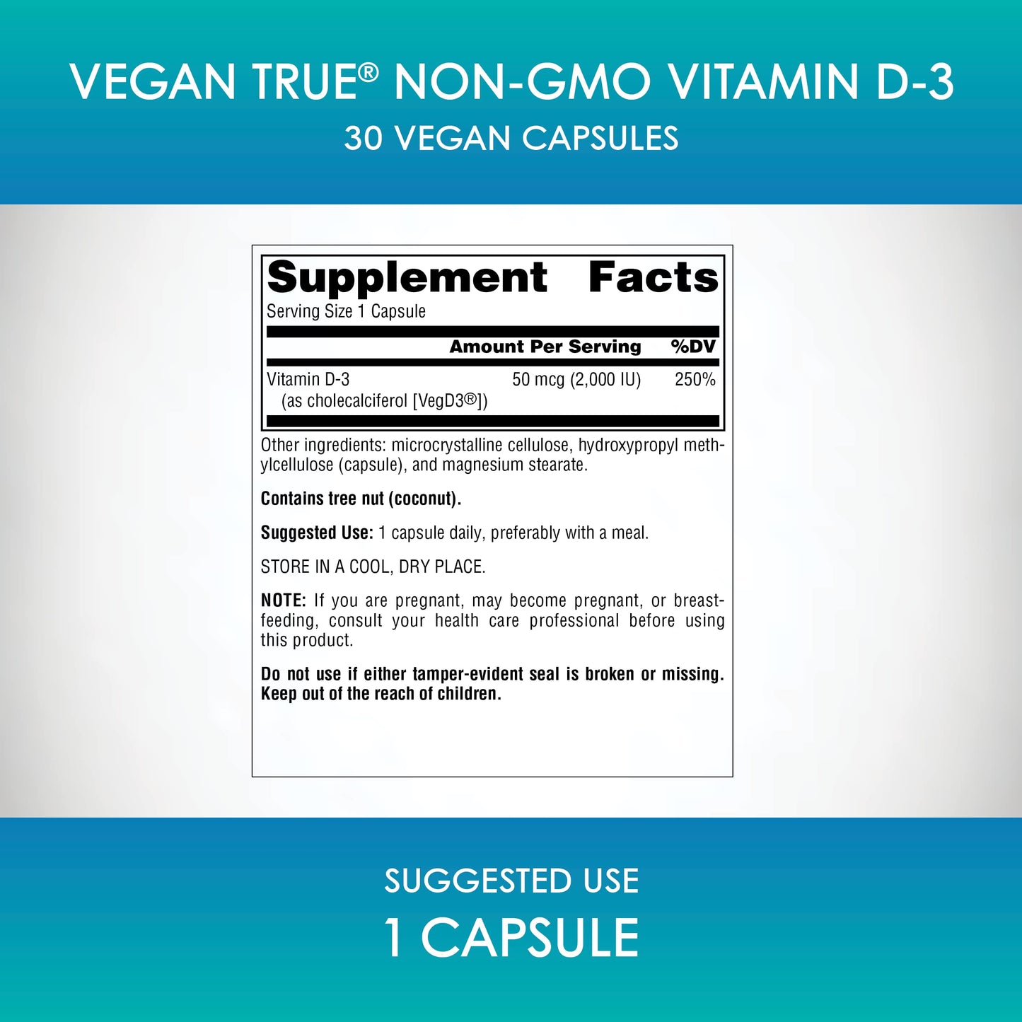 Source Naturals Vegan True, Non-GMO Vitamin D-3, 2000 IU Capsule, 30 Capsules