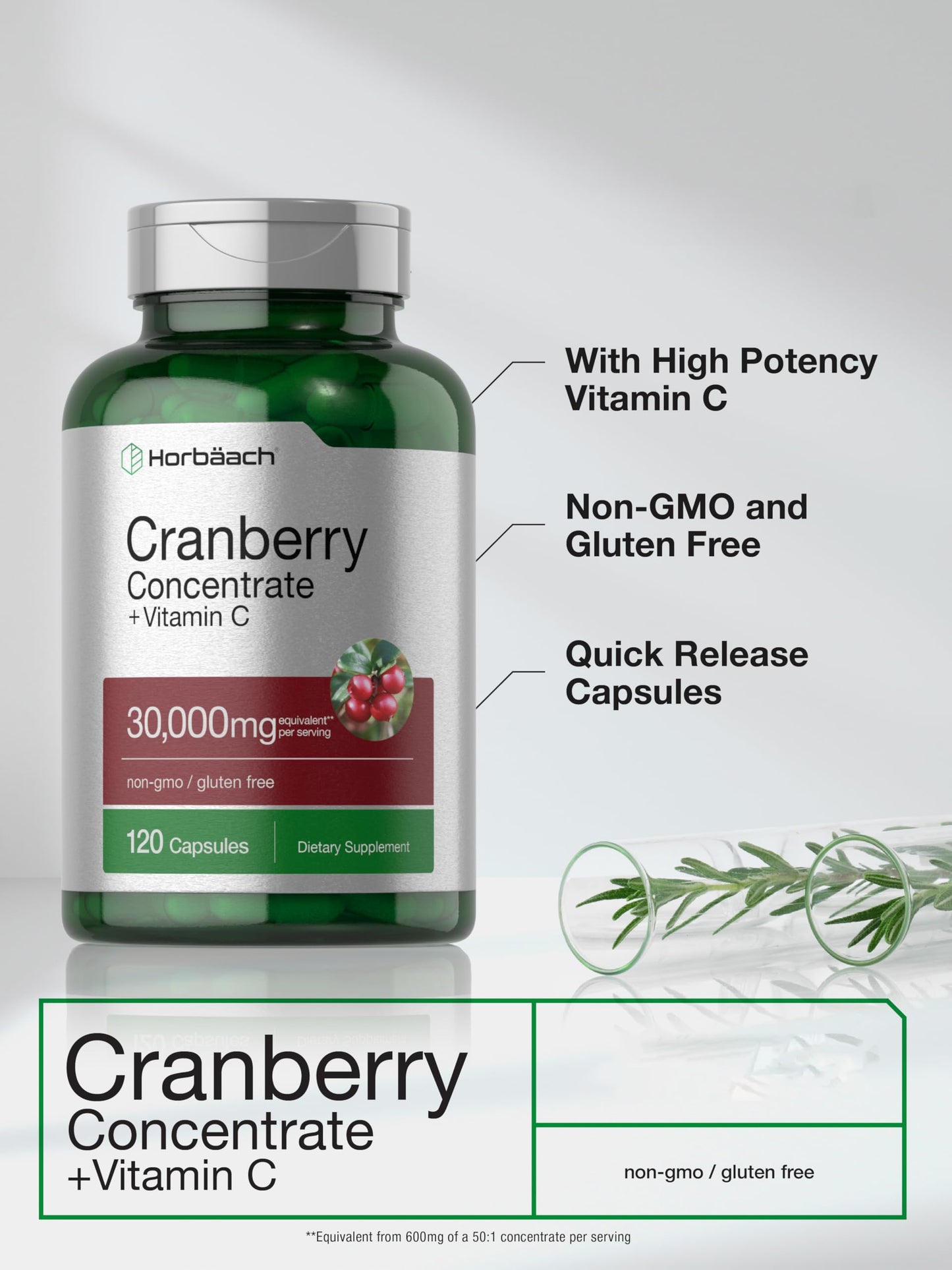 Horbäach Cranberry Concentrate Extract with Vitamin C Capsules, 120 Count