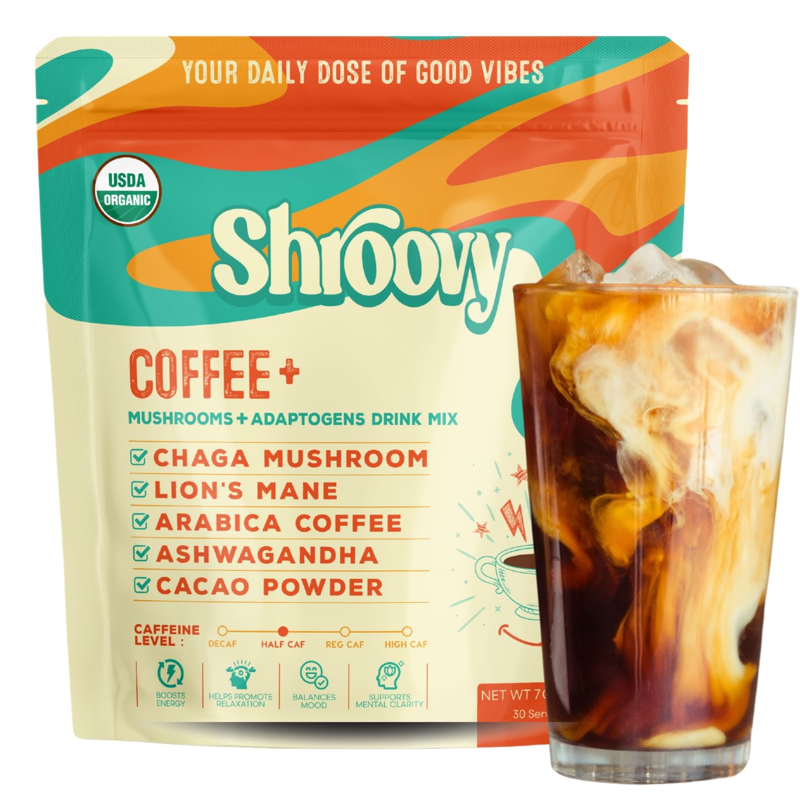 Shroovy Organic Mushroom Coffee with Adaptogens, Lion's Mane & Chaga Powder, 7.05 oz