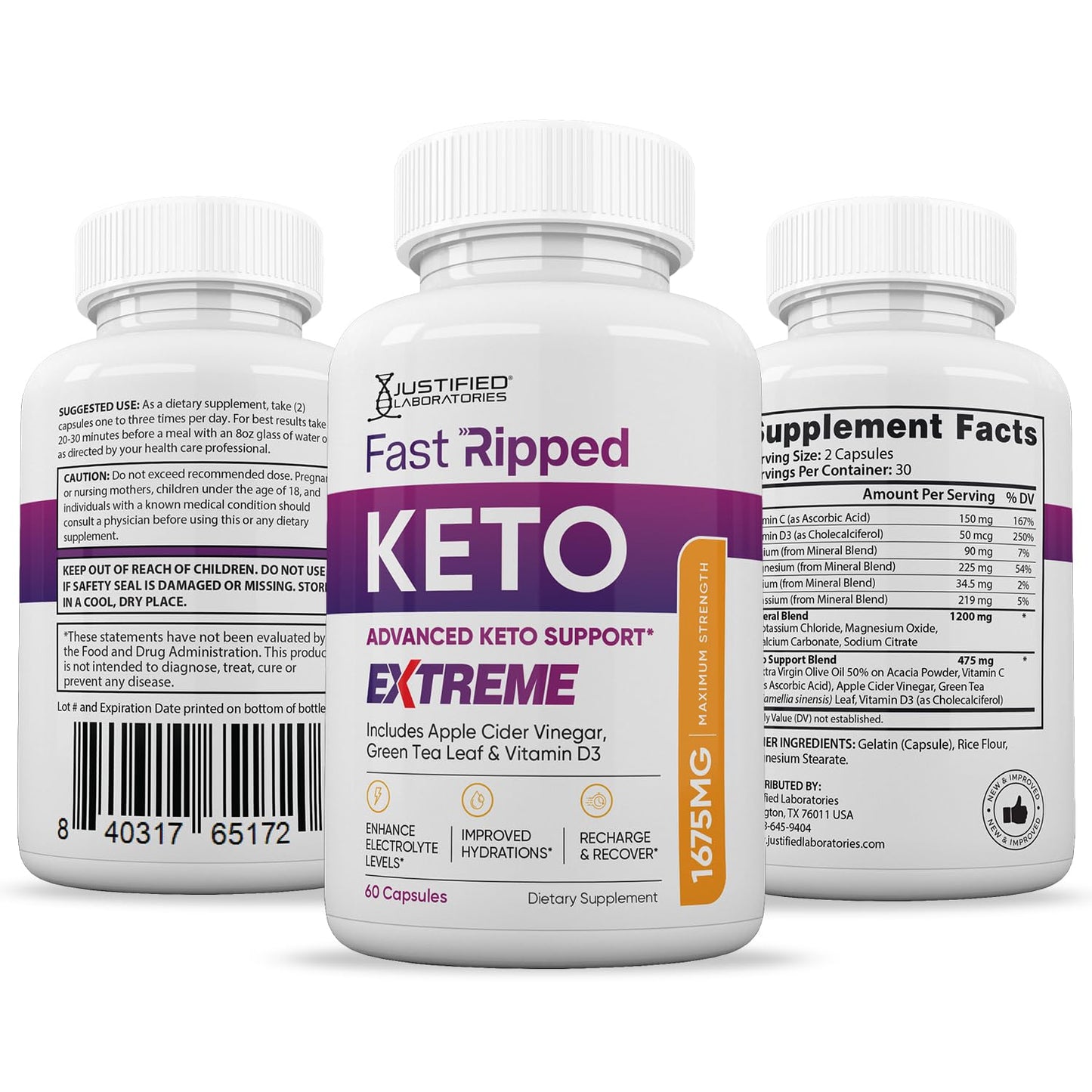 Justified Laboratories Fast Ripped Keto ACV Extreme Pills 1675MG Keto Support Blend 180 Capsules
