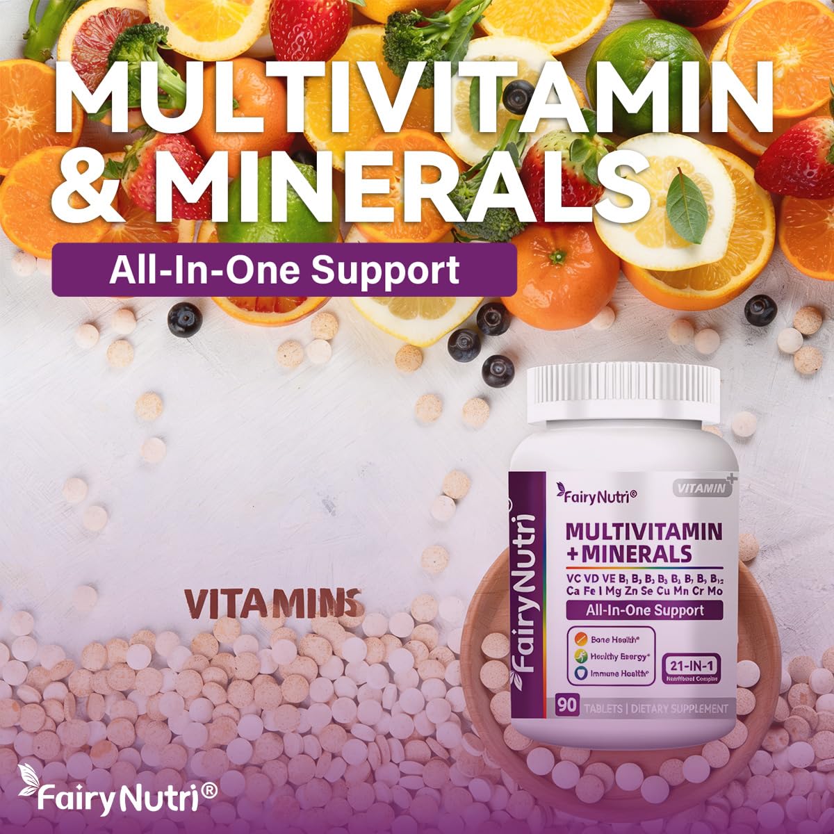 Fairynutri Multivitamin + Minerals, 21-in-1 Nutritional Complex All-in-One Support, 90 Tablets