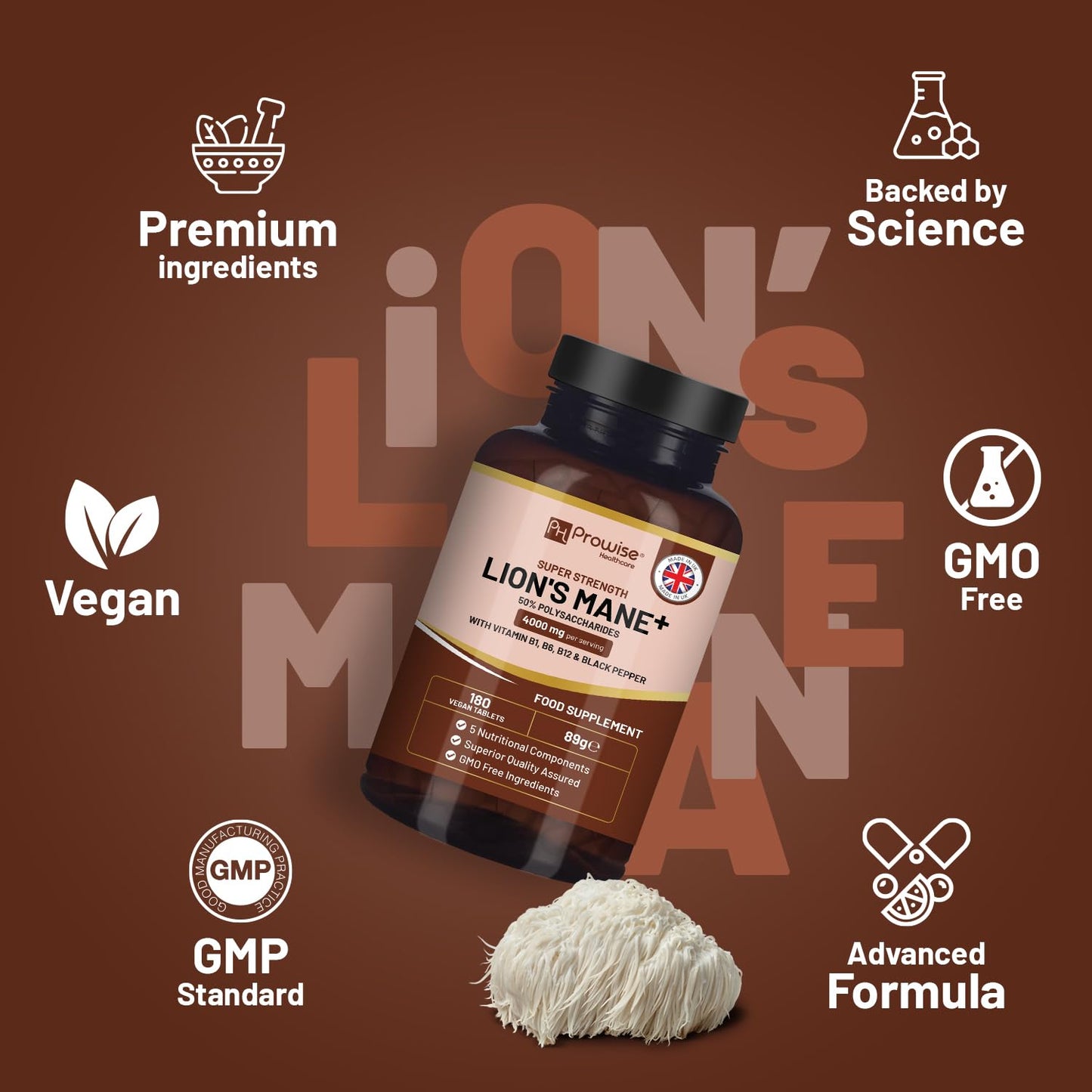 PH PROWISE Healthcare Lions Mane Mushroom Supplement 4000mg with Vitamin B1, B6, B12 & Black Pepper - 180 Super Strength Vegan Tablets with 50% Polysaccharides