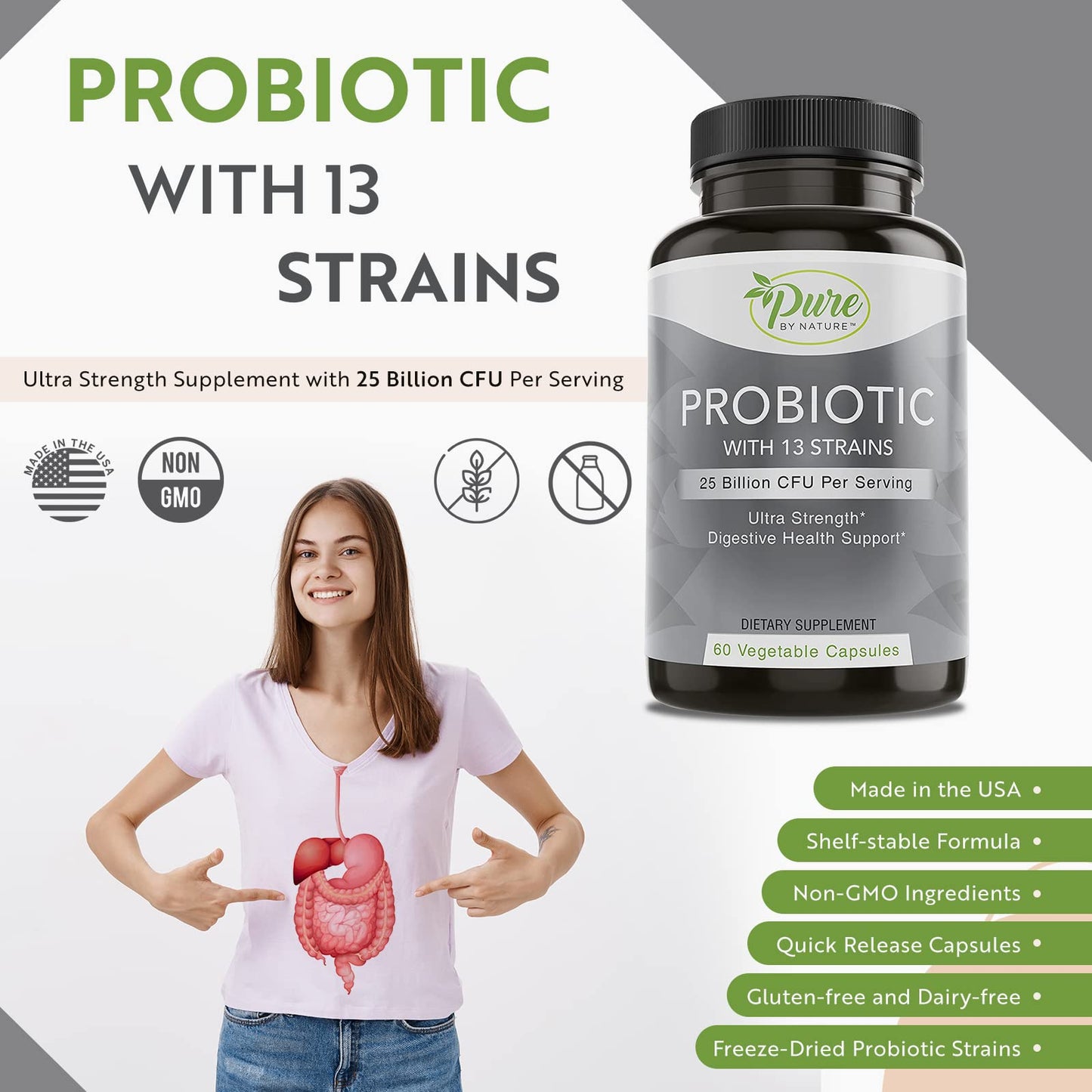Pure By Nature Probiotics for Women & Men, 13 Strains, 25 Billion CFU, 60 Capsules