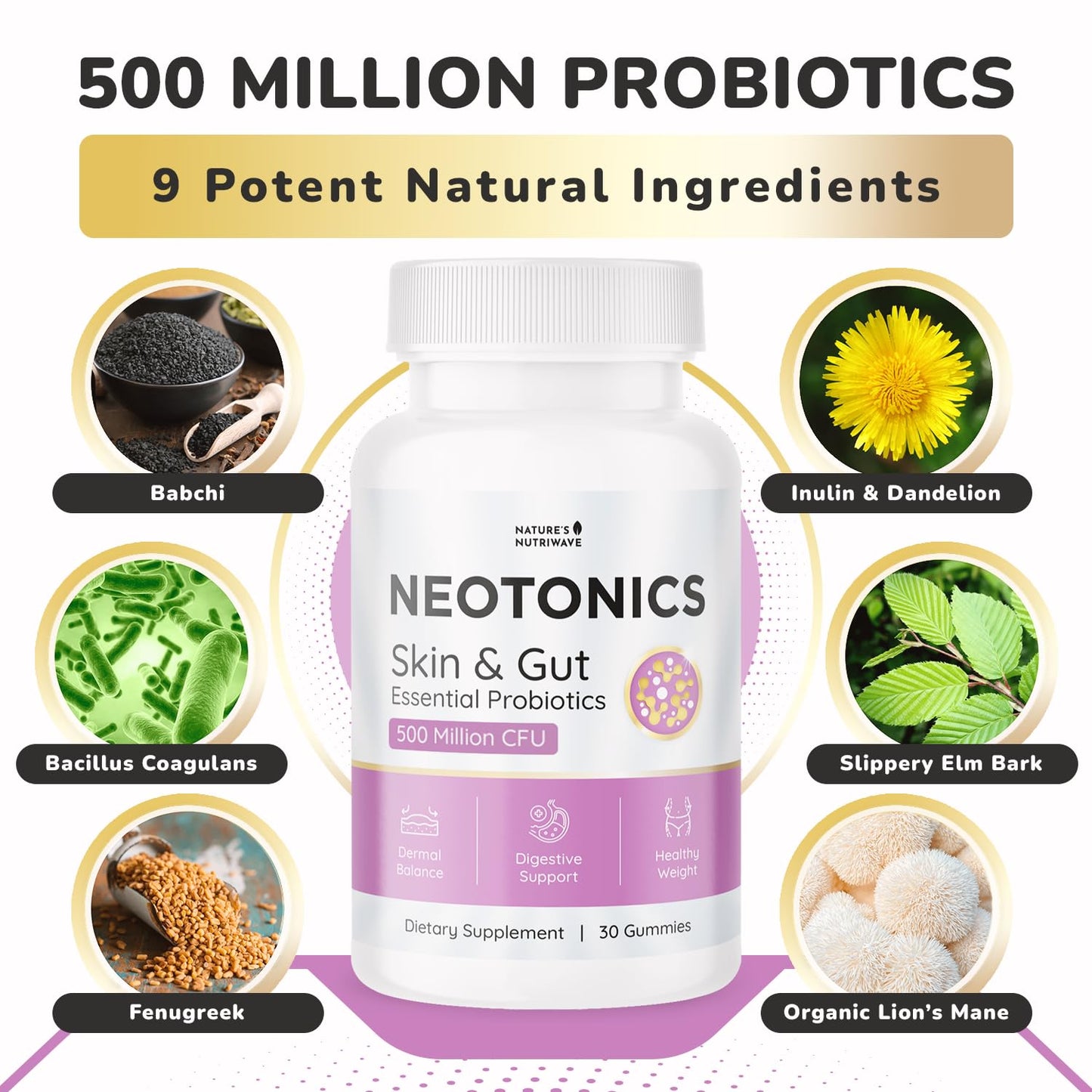 Nature’s NutriWave Neotonics Probiotic Gummy with Bacillus Coagulans, Prebiotic Inulin & Botanical Blend, Non-GMO, Stimulant-Free Formula, 30 Gummies