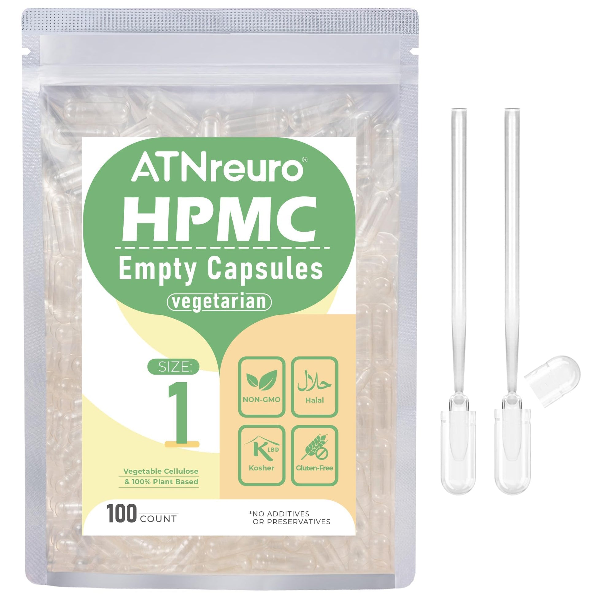 ATNreuro Empty Vegan Capsule with 2 Micro Spoons, 100 Count Capsules