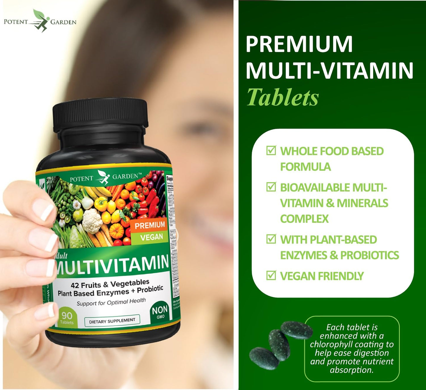 Potent Garden Multivitamin for Men & Women – 42 Fruits & Vegetables, Probiotics & Enzymes, Daily Whole Food Supplement for Energy, Immune Support & Digestion, Non-GMO, 90 Tablets