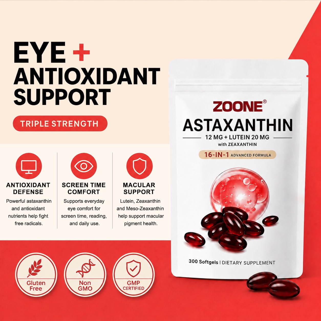 Zoone 16-in-1 Astaxanthin 12mg Antioxidant Supplements Softgel, 300