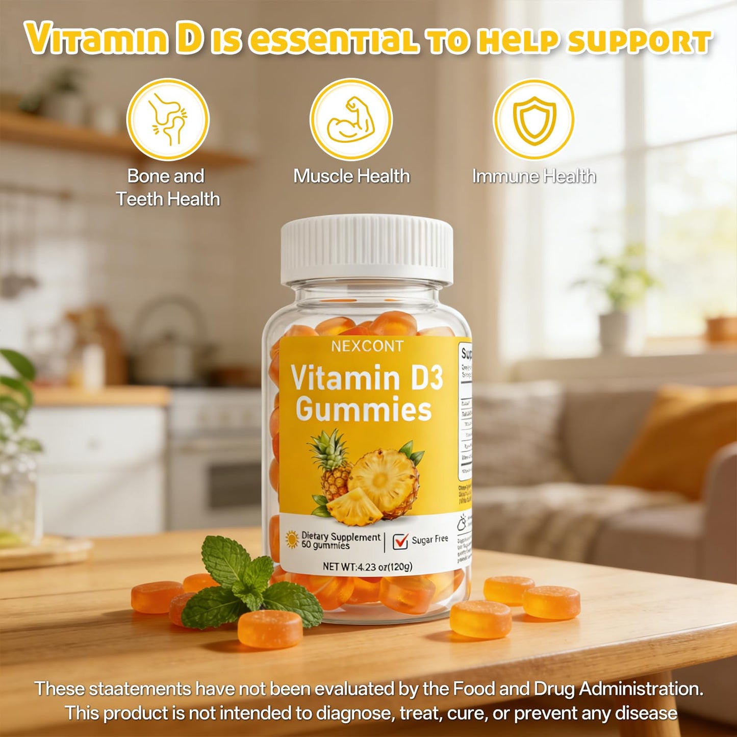 Oopeatol Vitamin D3 Gummies 400 IU (10 mcg) Bone and Immune Support, Gummy, 60 Count