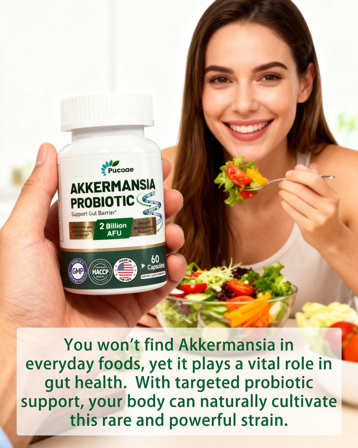 Pucoae Akkermansia Probiotic Supplement – 2 Billion AFU, Delayed Release, Gluten-Free, Gut Health & Microbiome Balance, Weight & Wellness Support for Men and Women, 60 Capsules