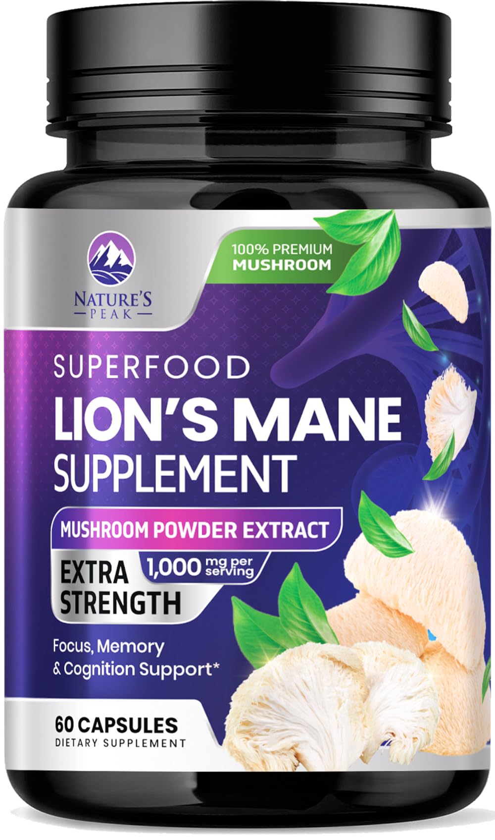 Nature's Peak Lions Mane Supplement - Lions Mane 1000mg Per Serving - Extra Strength Lion’s Mane Mushroom - Superfood for Natural Memory, Focus, Brain, Immune Health Support - Bottled in USA, 60 Capsules