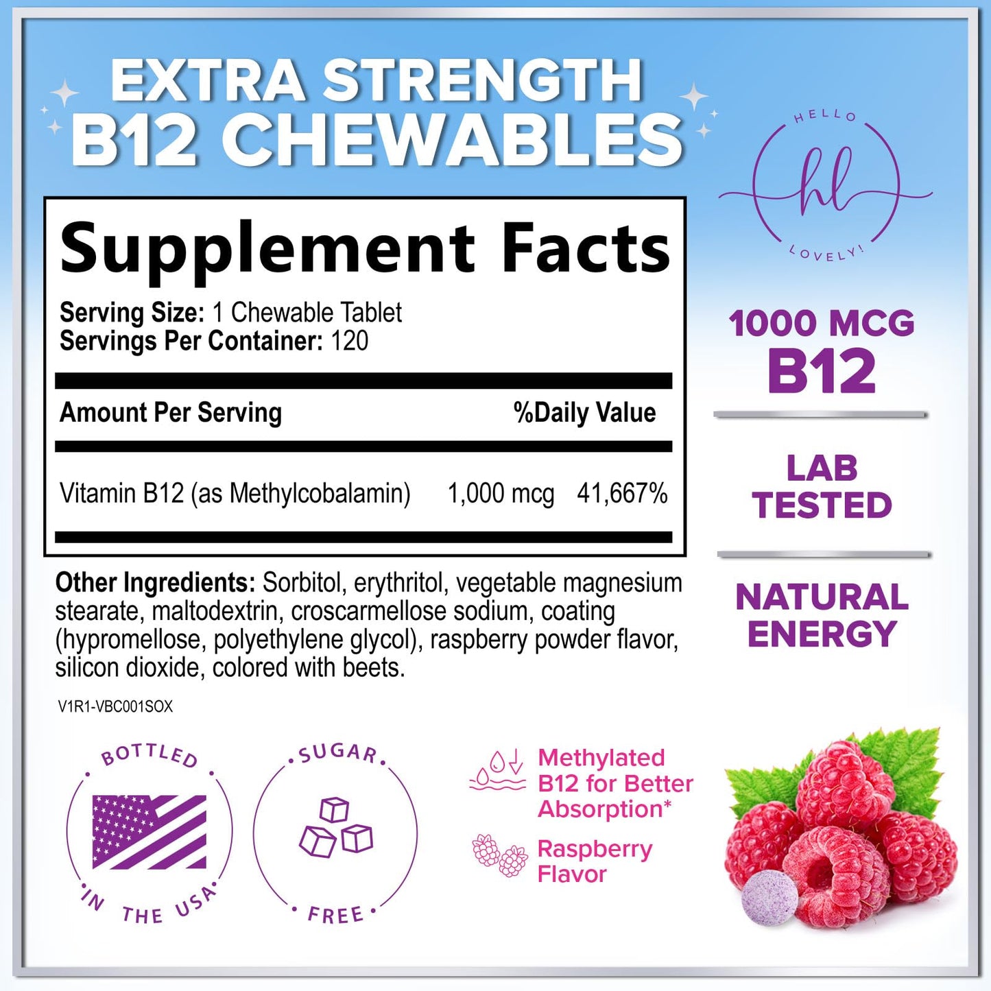 Hello Lovely! Vitamin B12 1000 mcg Chewables, 120 Count
