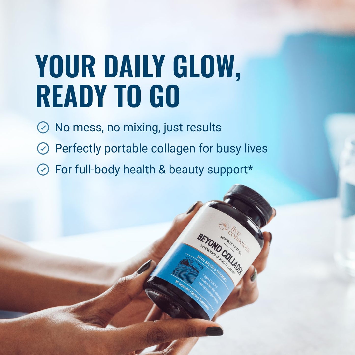 Live Conscious Beyond Collagen Multi Collagen Capsules - Types I, II, III, V & X - Hydrolyzed Blend with Biotin & Vitamin C for Hair, Skin, Nails, 90 Capsules