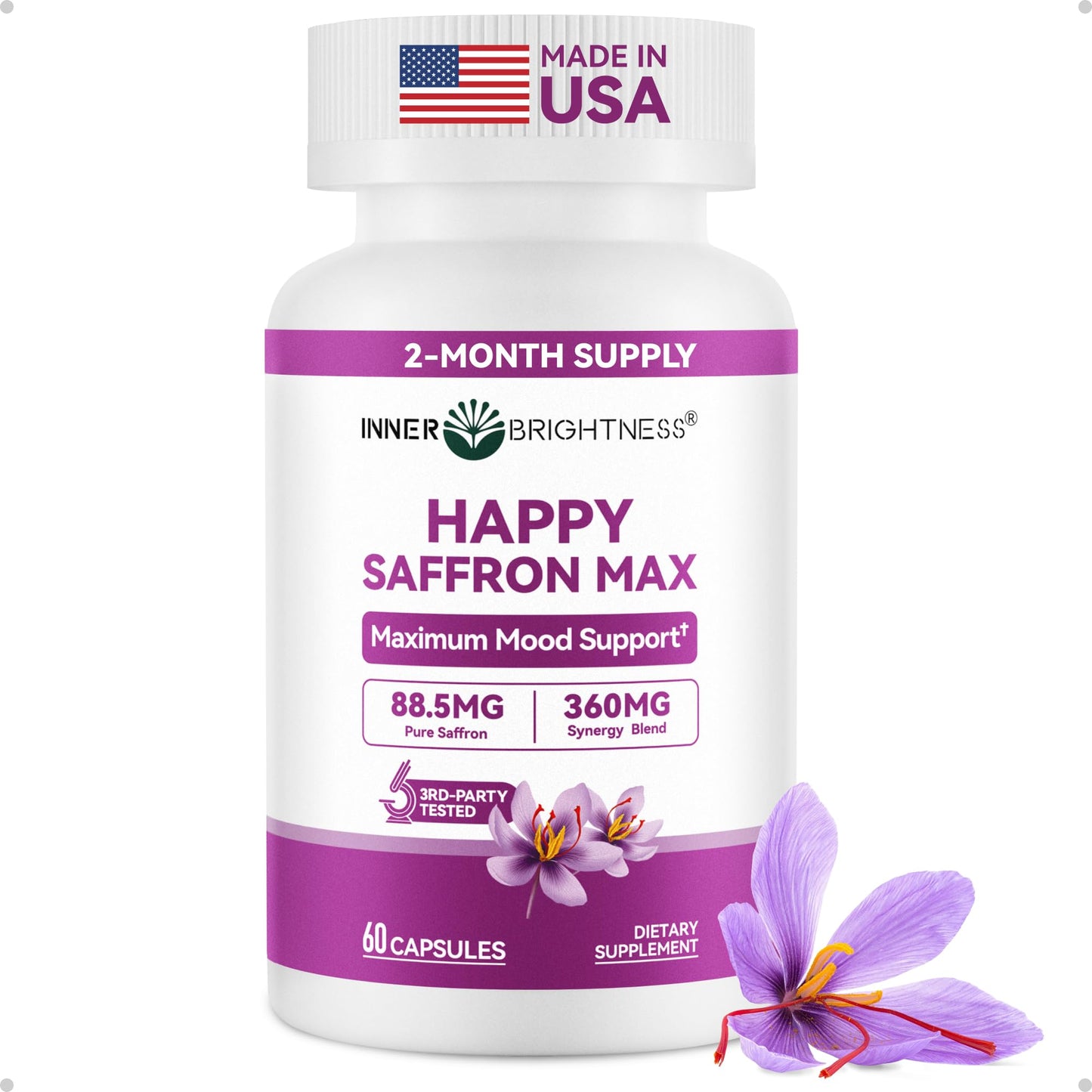 Inner Brightness Saffron Supplements 88.5mg plus Magnesium, Ashwagandha & L-Theanine Happy Saffron Max Capsule 60 Count