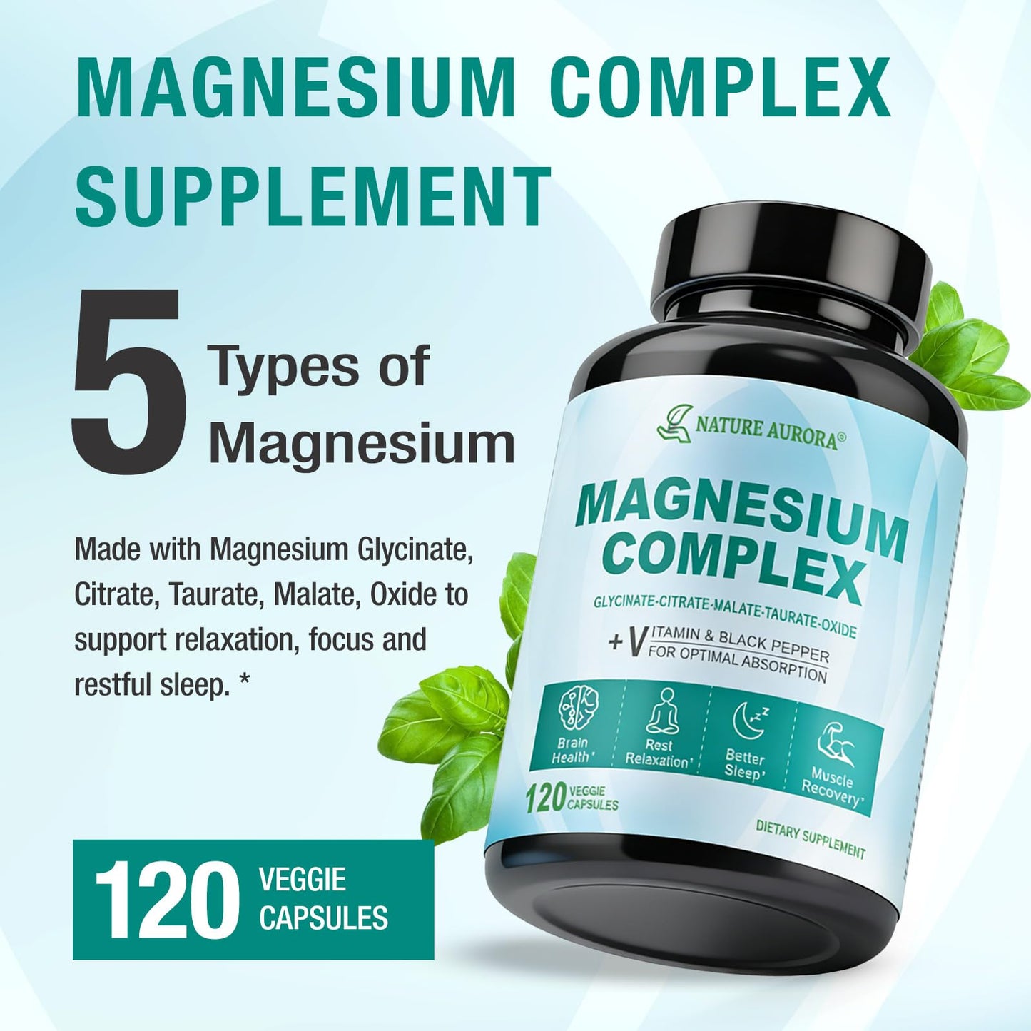 Nature Aurora Magnesium Complex 400mg 5-in-1 Magnesium Supplement, Vegan, 120 Capsules