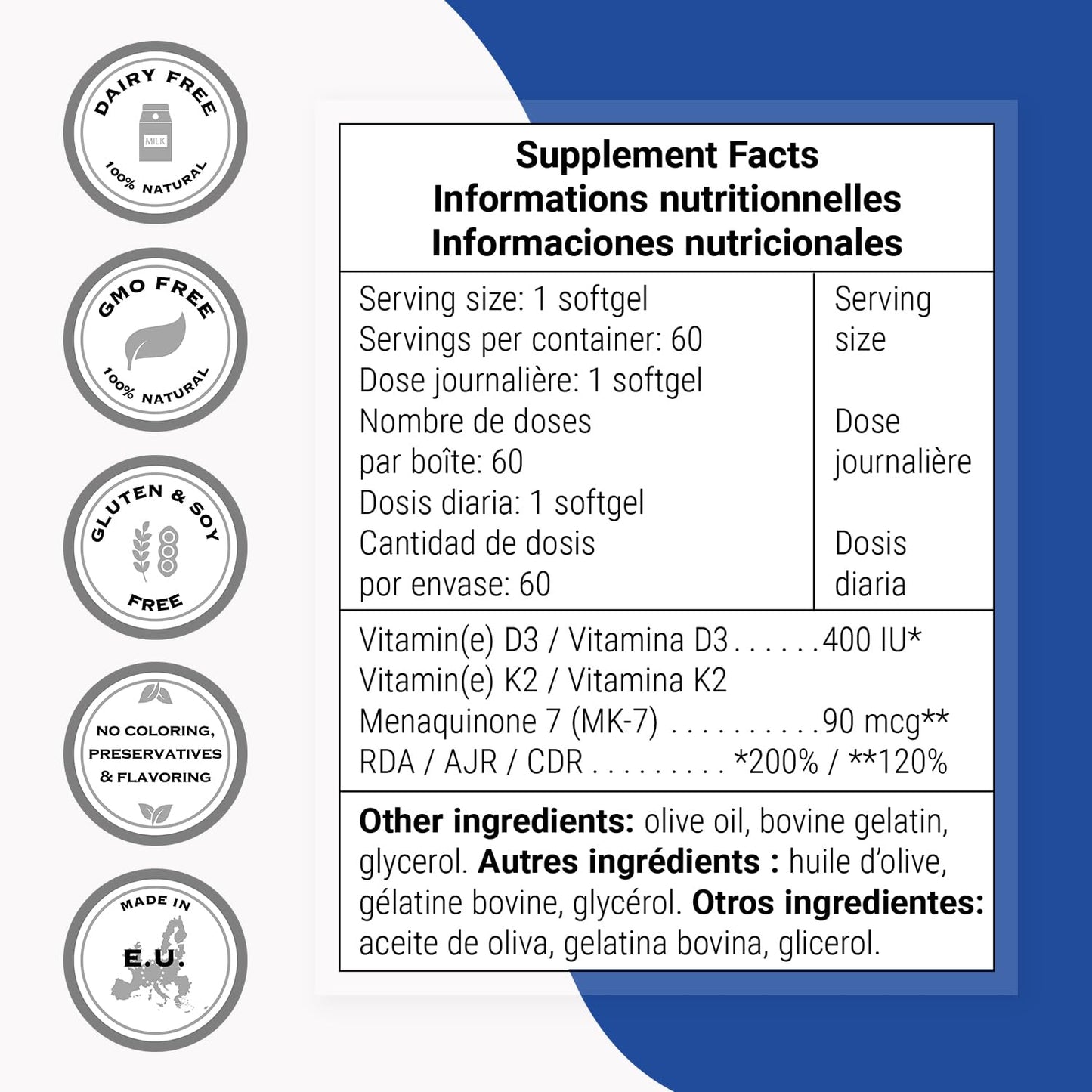 Supersmart Vitamin K2 MK7 + Vitamin D3 90mcg per Day (High Bioavailability) - Menaquinone Supplement - Vitamin D & K Complex, 60 Softgels