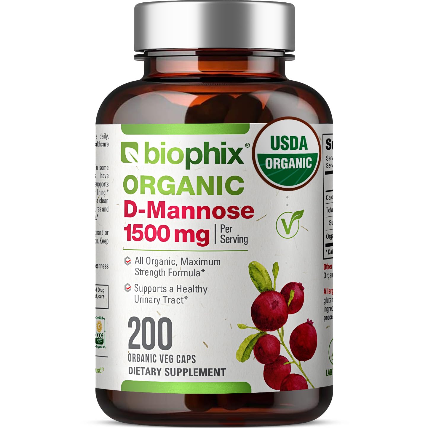 biophix D-Mannose 1500 mg Capsules, 200 Count, USDA Organic, Non-GMO, Vegan-Friendly