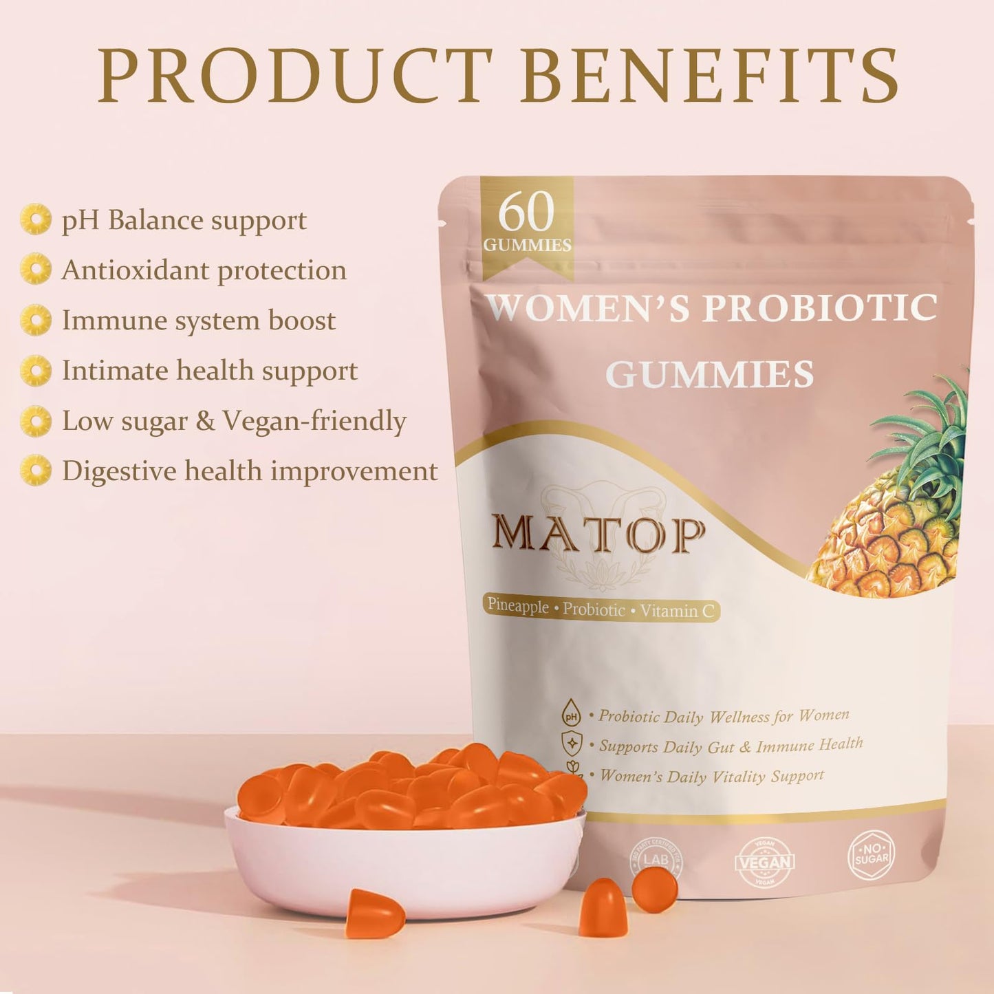 MATOP Women’s Probiotic Gummies for Gut & Daily Wellness – Vitamin C Supplement, Pineapple Flavor, 60 Count