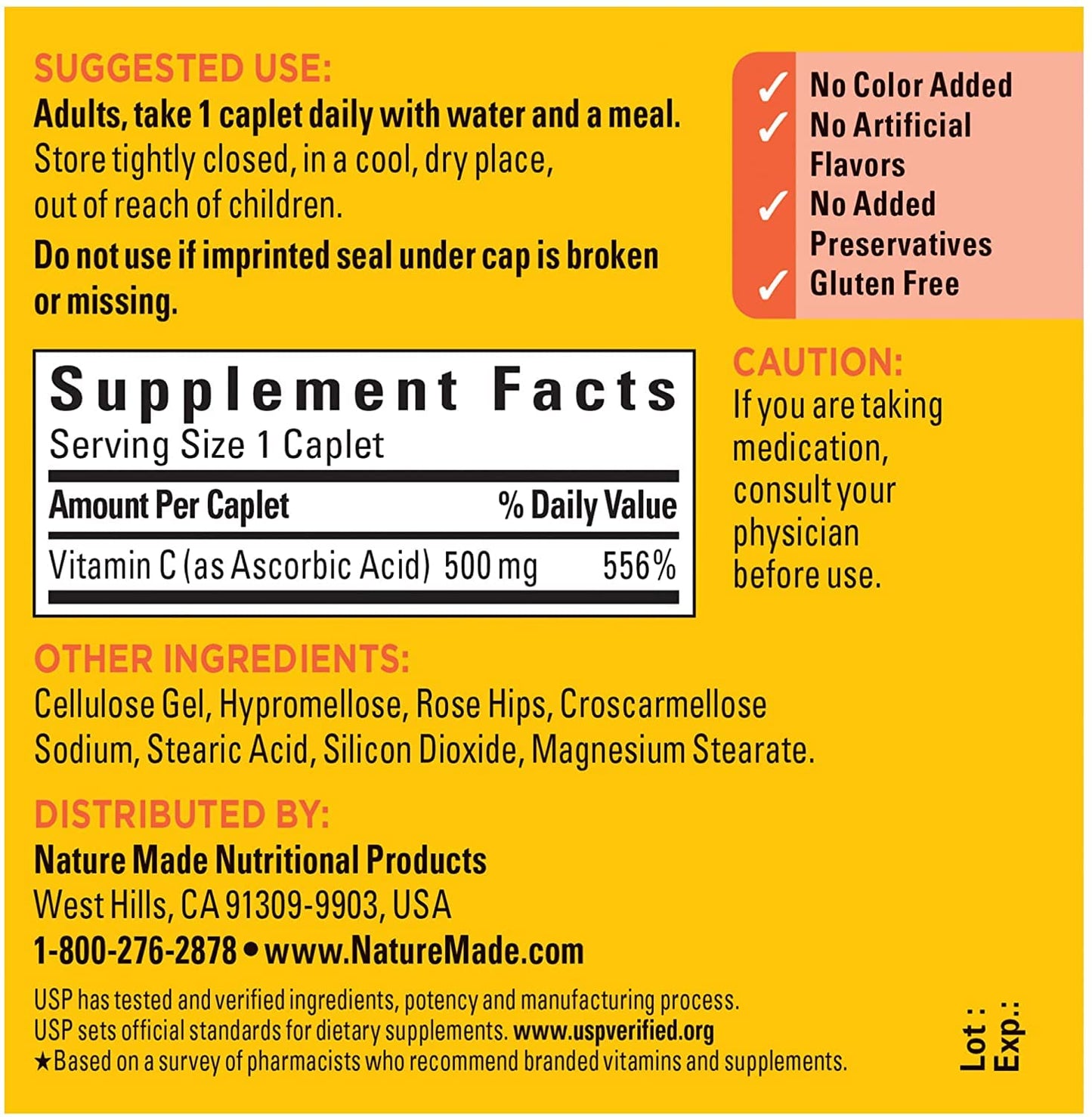 Nature Made Vitamin C 500 mg Caplets with Rose Hips, 390 Caplets