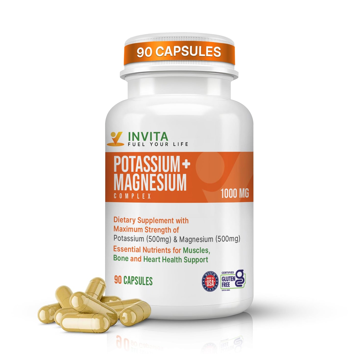 INVITA Potassium Magnesium Complex 1000 MG for Leg & Muscle Support Capsules 90 Count