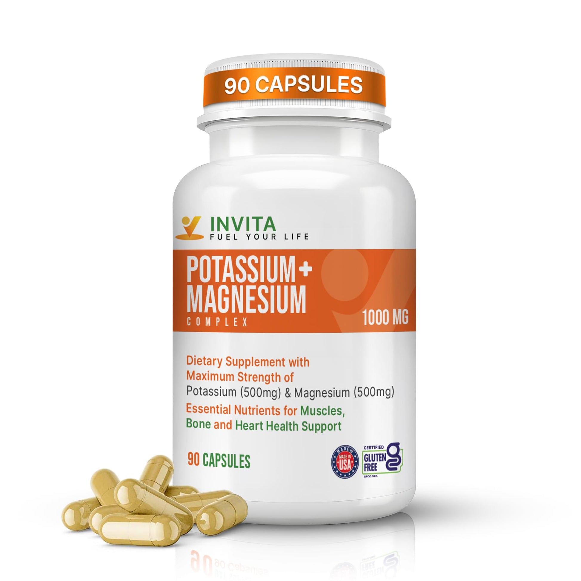 INVITA Potassium Magnesium Complex 1000 MG for Leg & Muscle Support Capsules 90 Count