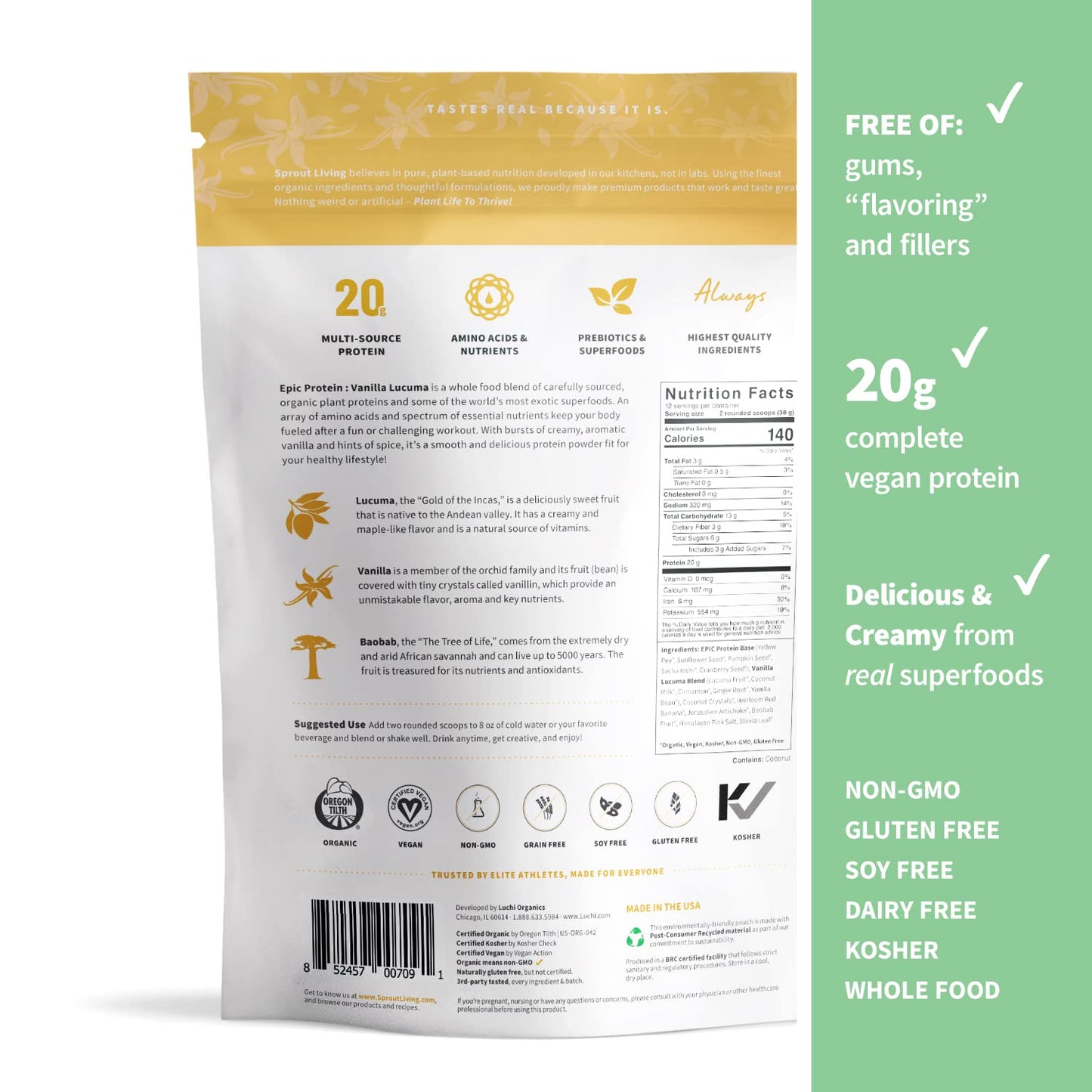 Sprout Living Epic Protein Bundle - Original, Chocolate Maca & Vanilla Lucuma Protein Powder, 1 lb, 12 Servings, 2-Pack