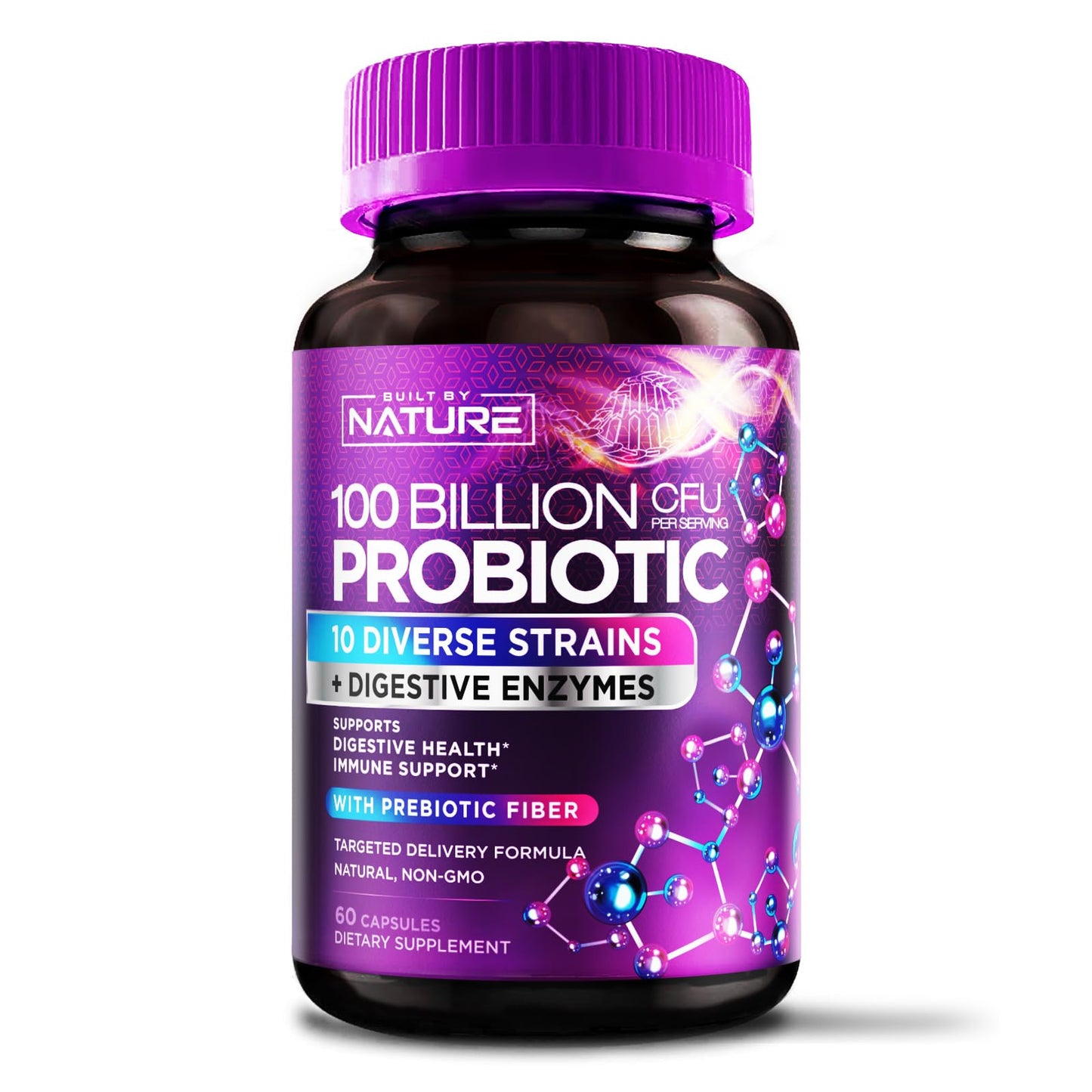 Built by Nature 100 Billion CFU Probiotic Daily Digestive Gut Health Supplement with Lactobacillus acidophilus, Bifidobacterium & Prebiotics - Capsule, 60 Count