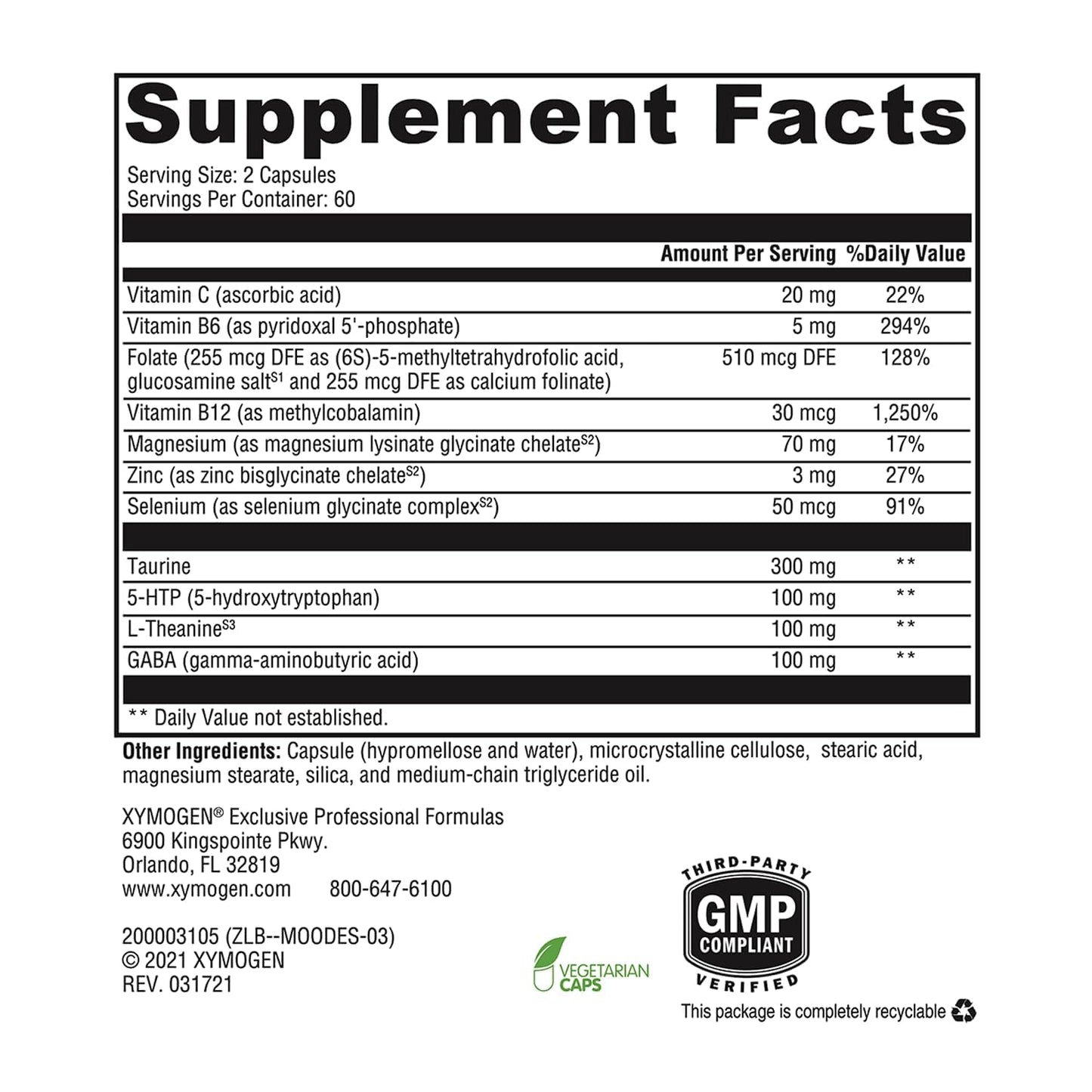 XYMOGEN Mood Food ES - Supports Relaxation & Healthy Mindset - Active Folate & L-Theanine Capsules, 120 Capsules