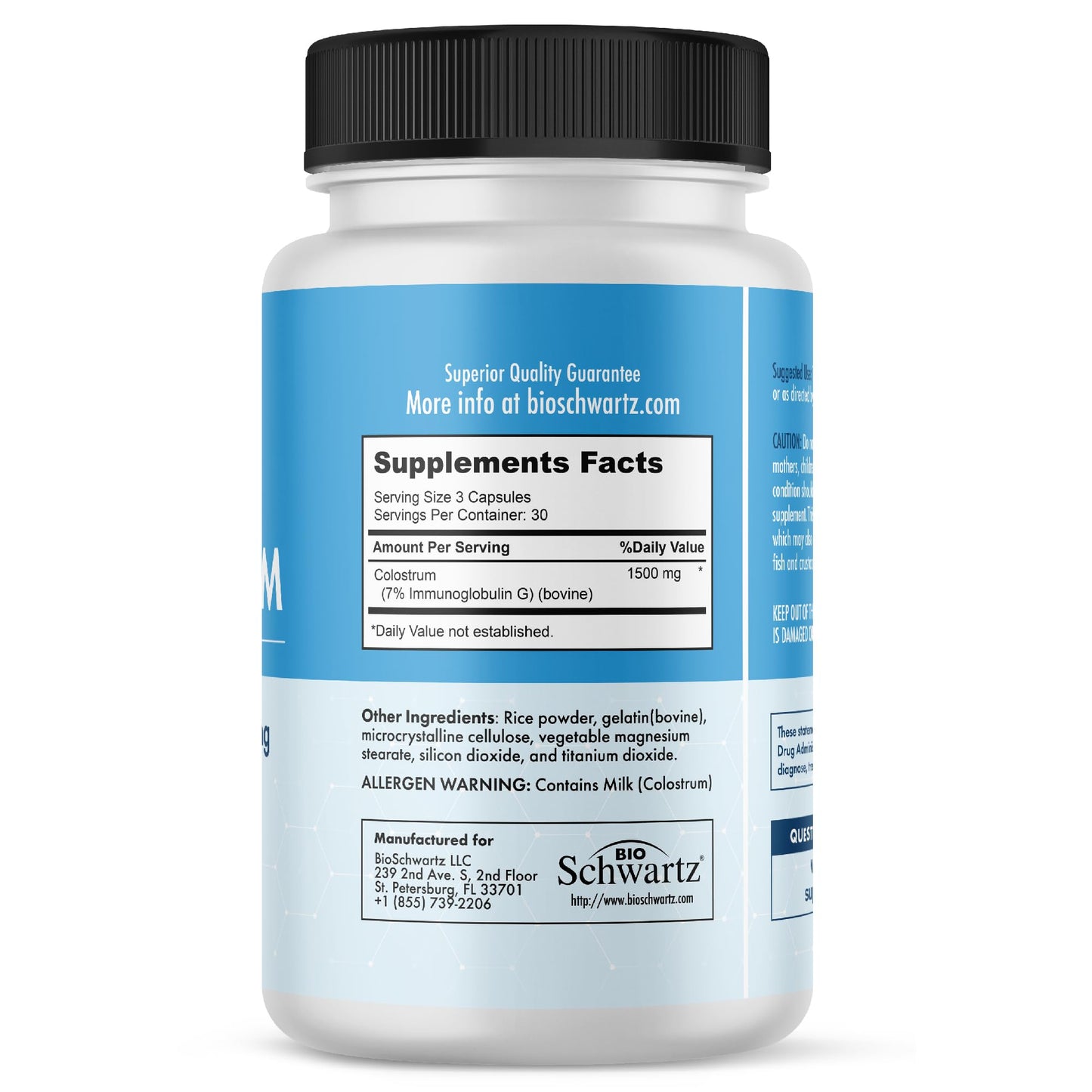 BioSchwartz Colostrum Supplement Extra Strength 1500mg Per Serving Grass Fed Colostrum Capsules, Non-GMO, Gluten Free, 90 Count