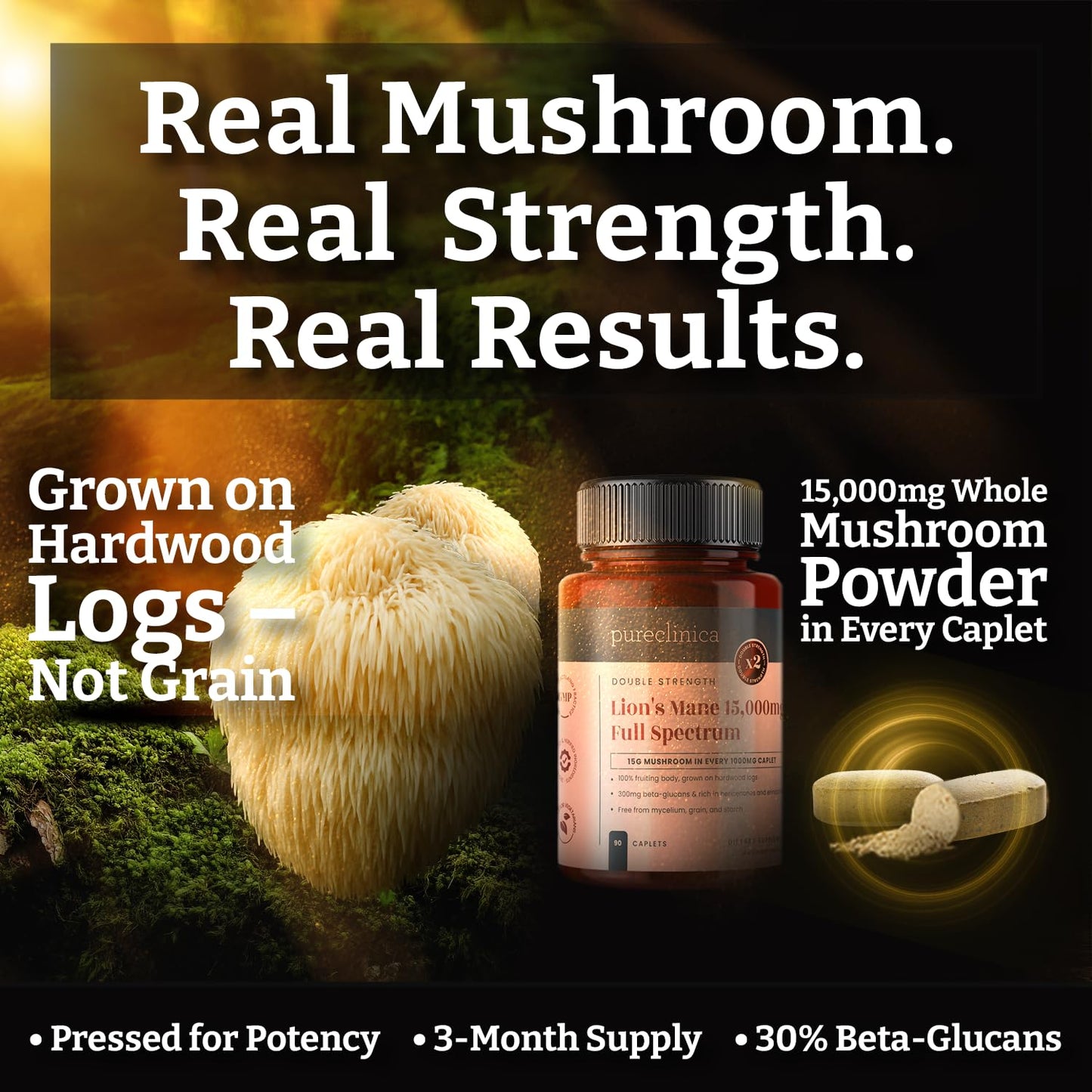 pureclinica Full Spectrum Lion’s Mane Mushroom 1000mg(15:1) per Caplet Caplet, 180 Caplets
