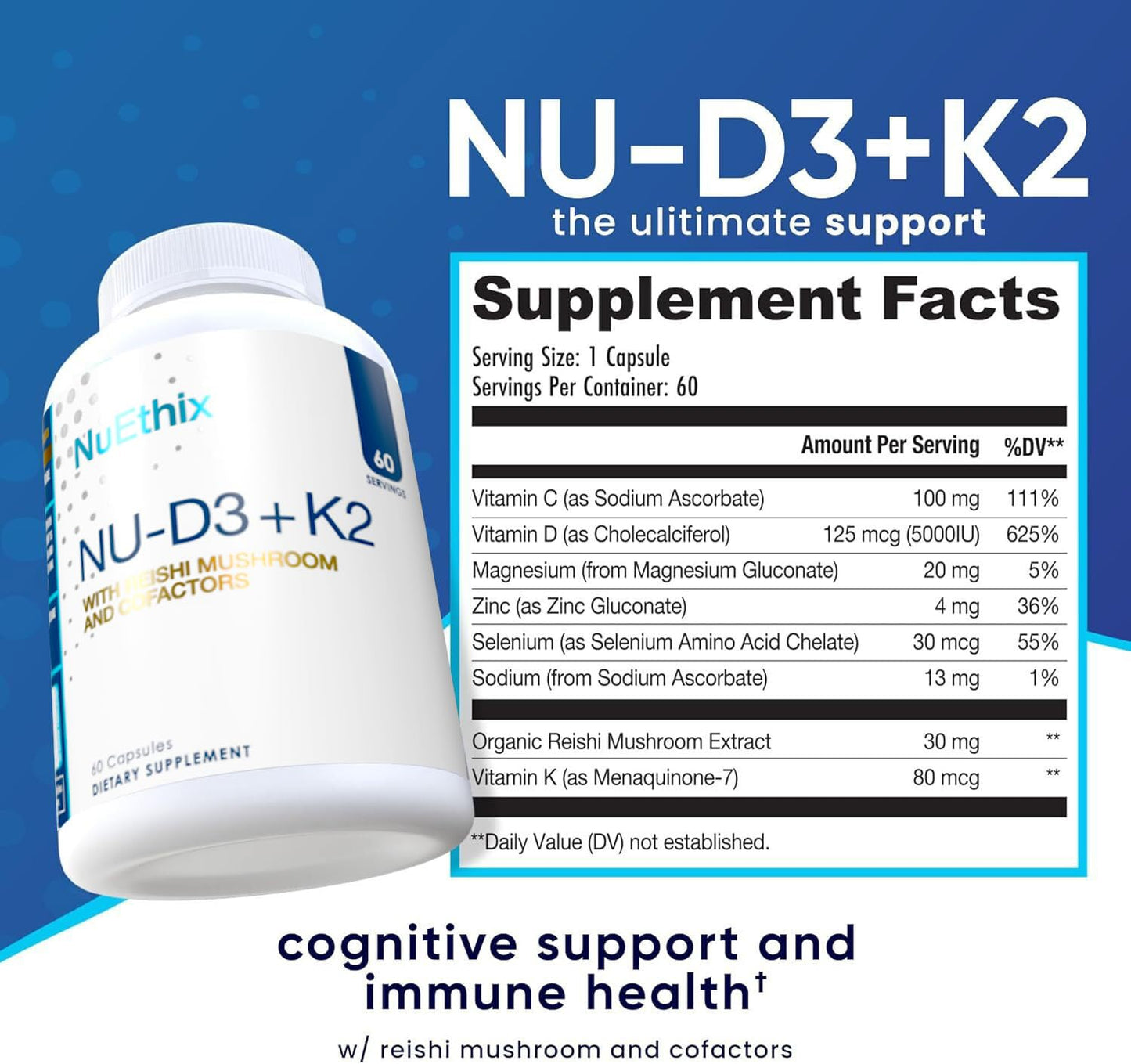 NuEthix Formulations NU-D3 + K2 Vitamin D3 and K2 5000 IU Capsules, 60 Count