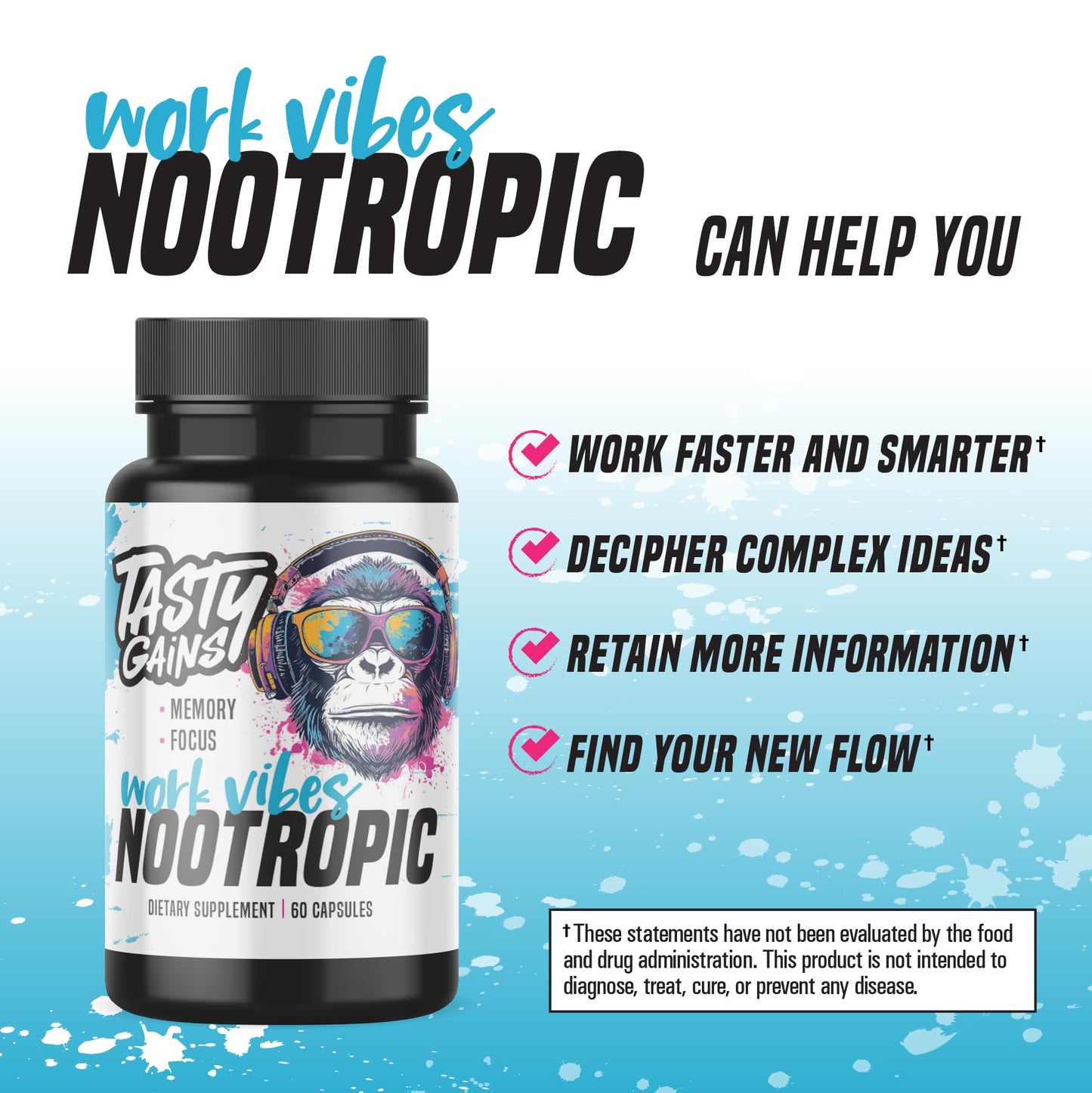 TASTY GAINS Nootropic Brain Supplement for Memory and Focus with L-Theanine, Rhodiola Rosea & Phosphatidylserine - Memory, Mental Clarity & Cognitive Improvement, 60 Capsules