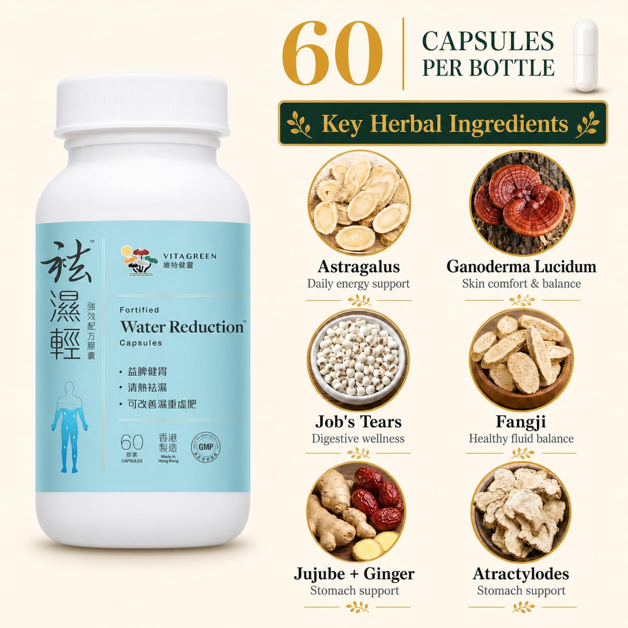 Vita Green Water Reduction - Herbal Digestive Support Capsules, 60 Capsules