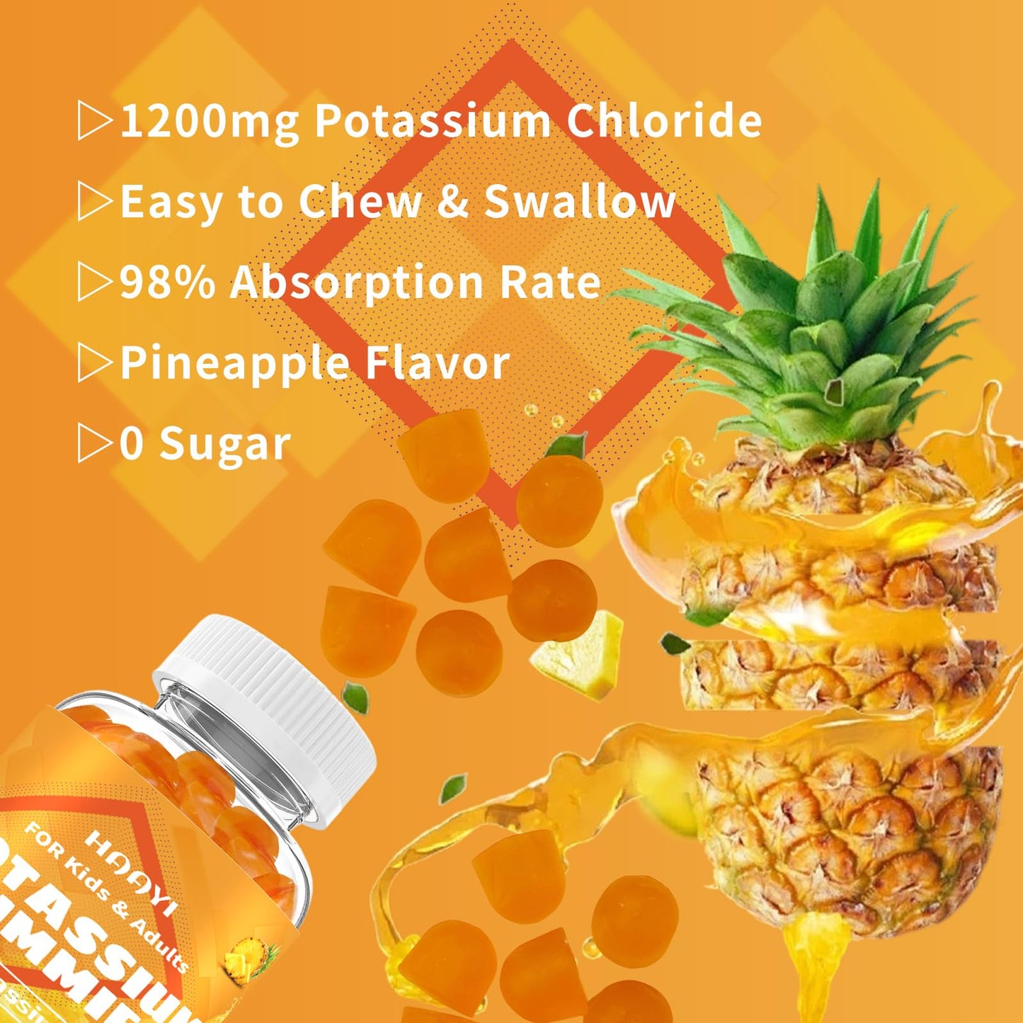 HAAYI Potassium Chloride Supplement Gummies 1200mg, 90 Count