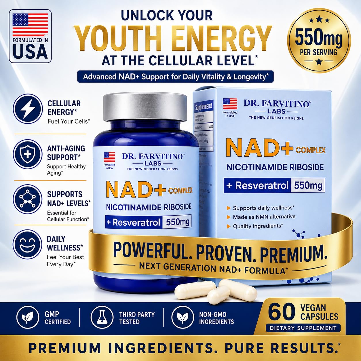 DR. FARVITINO LABS NAD+ Supplement 550mg NextGen Liposomal NAD+ + Trans-Resveratrol 60 Vegan Capsules