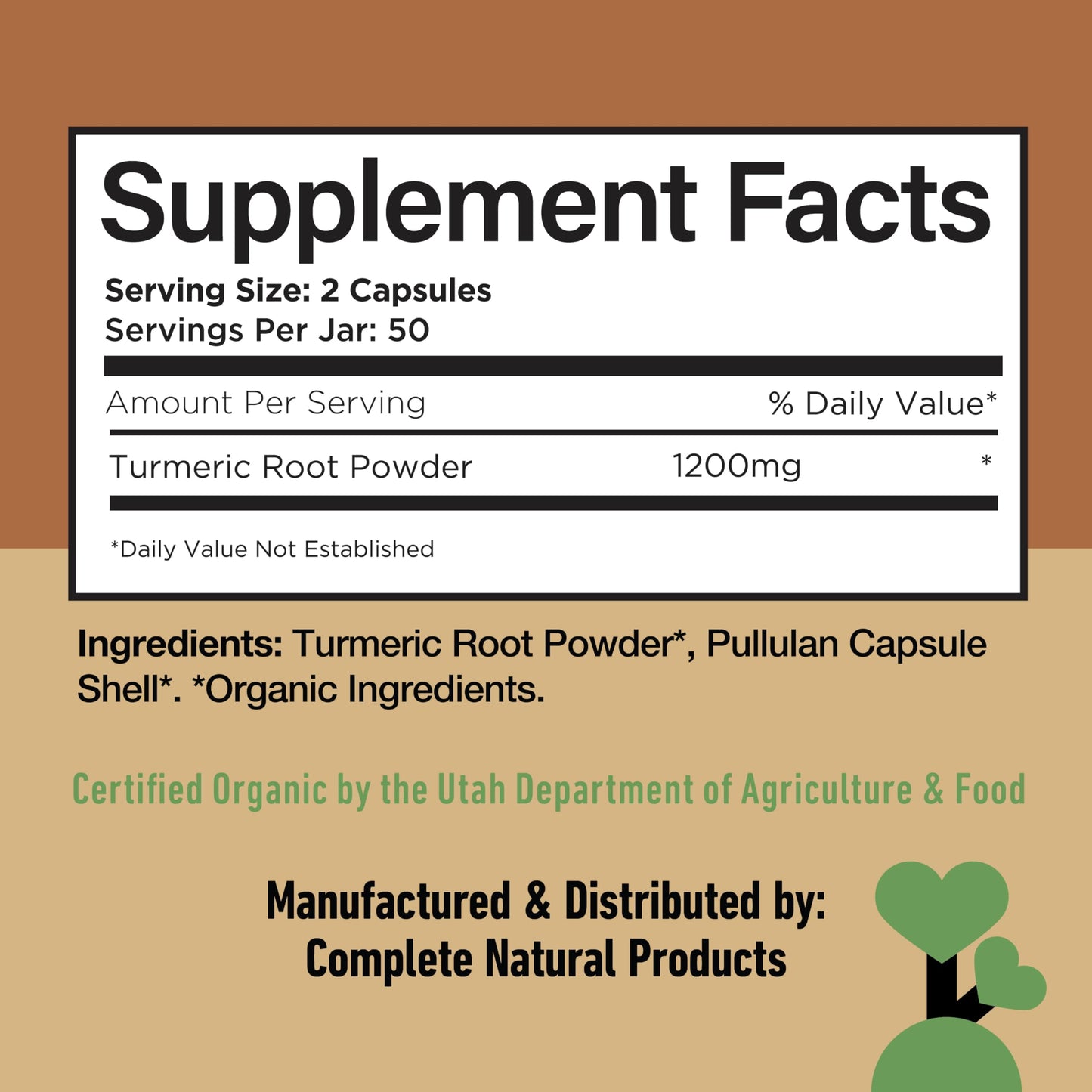 Complete Natural Products Organic Turmeric 600mg - Curcumin, Liver Gallbladder Aid Capsules, 100 Count